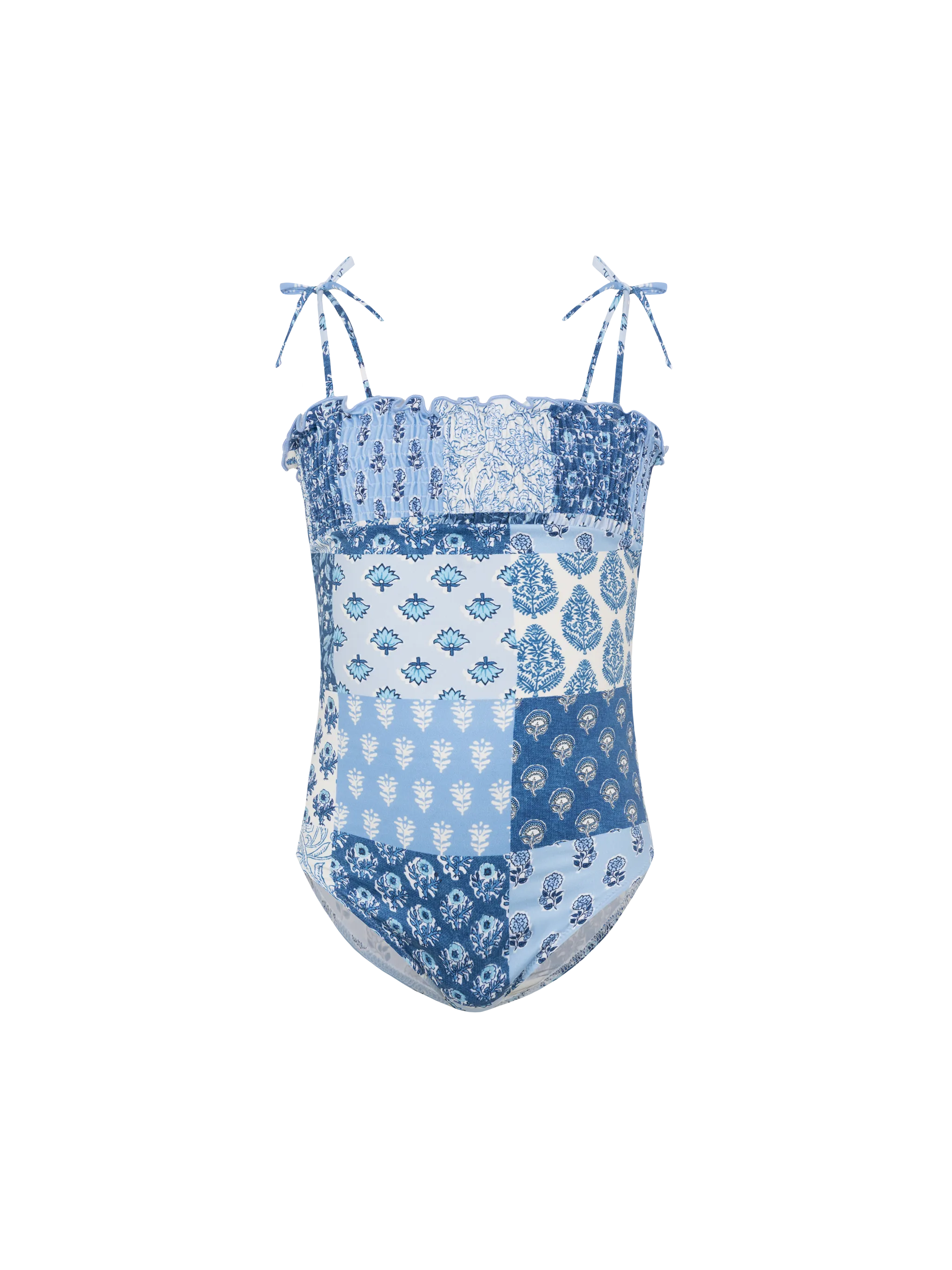 Amina one-piece swimsuit with floral patch and smocked bodice