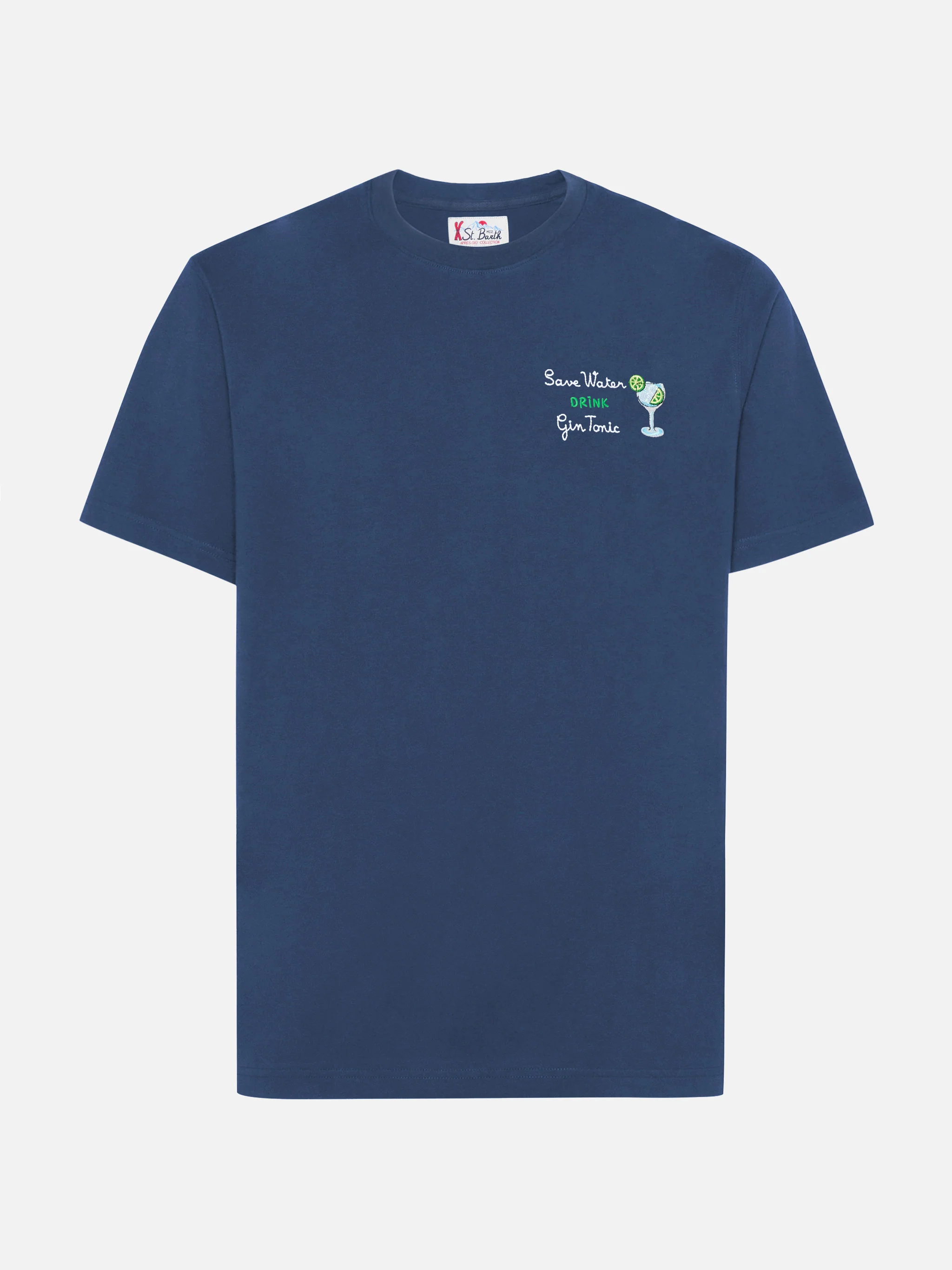 Arnott cotton T-shirt in blue with Save water drink Gin Tonic embroidery - Image 4
