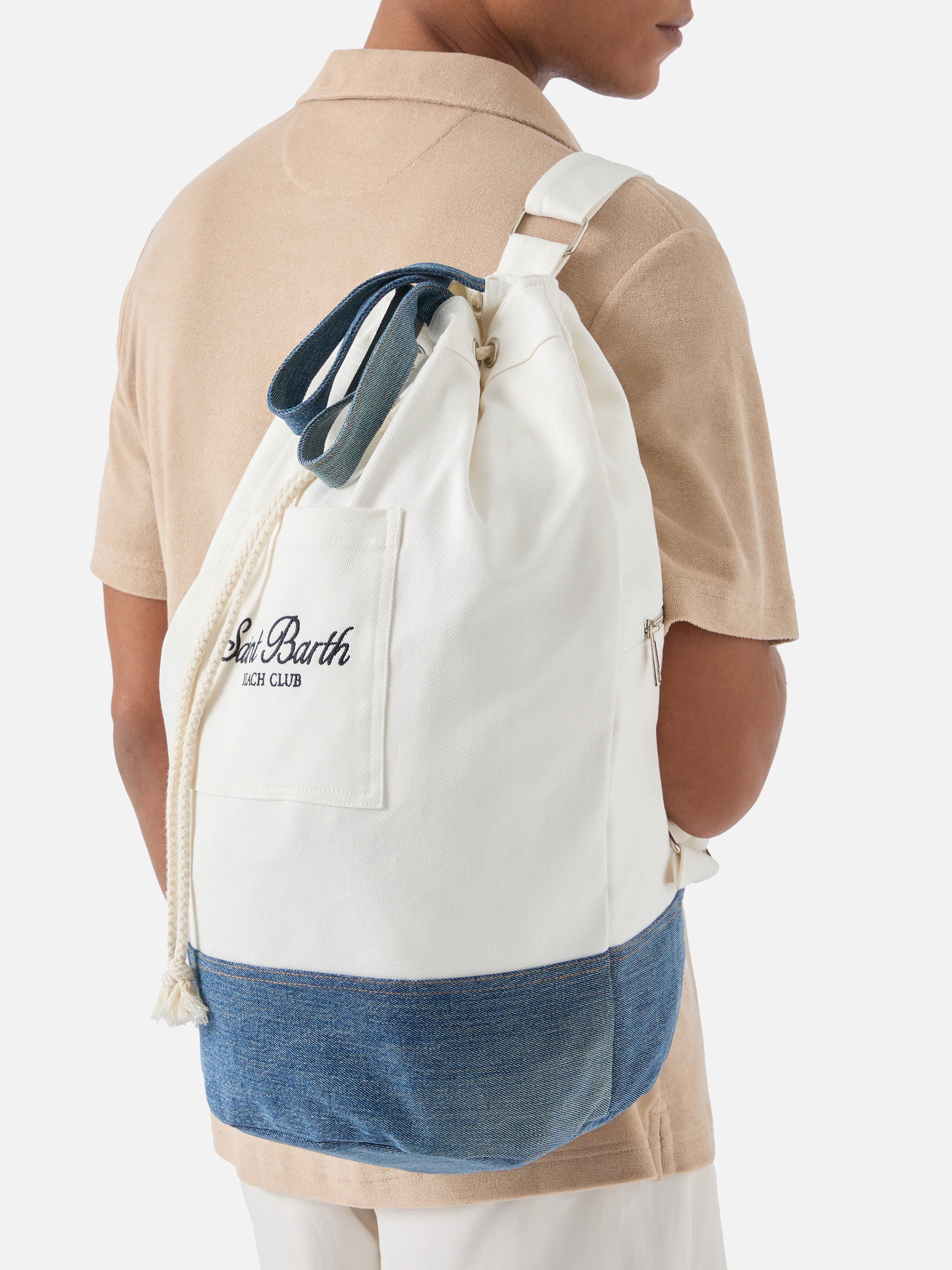 Beach Backpack in fabric white and light blue with embroidered logo - Image 2