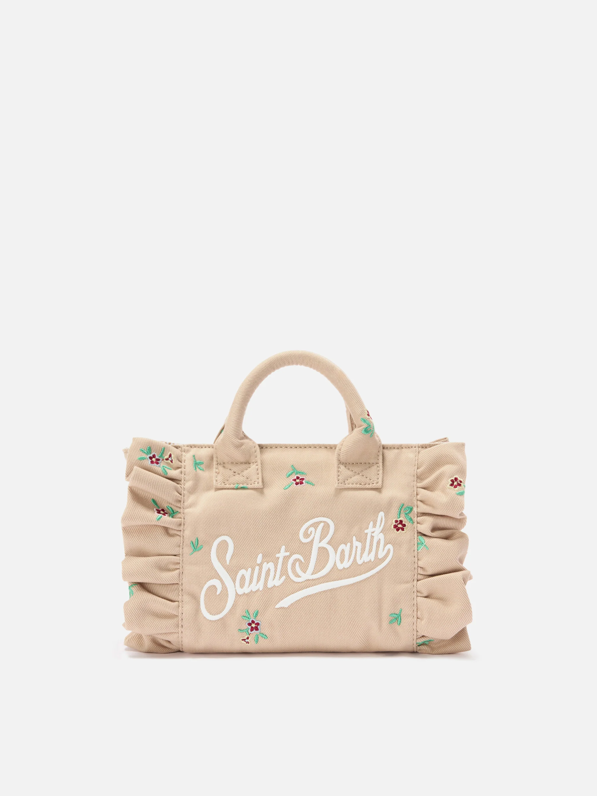 Beige Denim Vanity mini volant bag with embroidered flowers