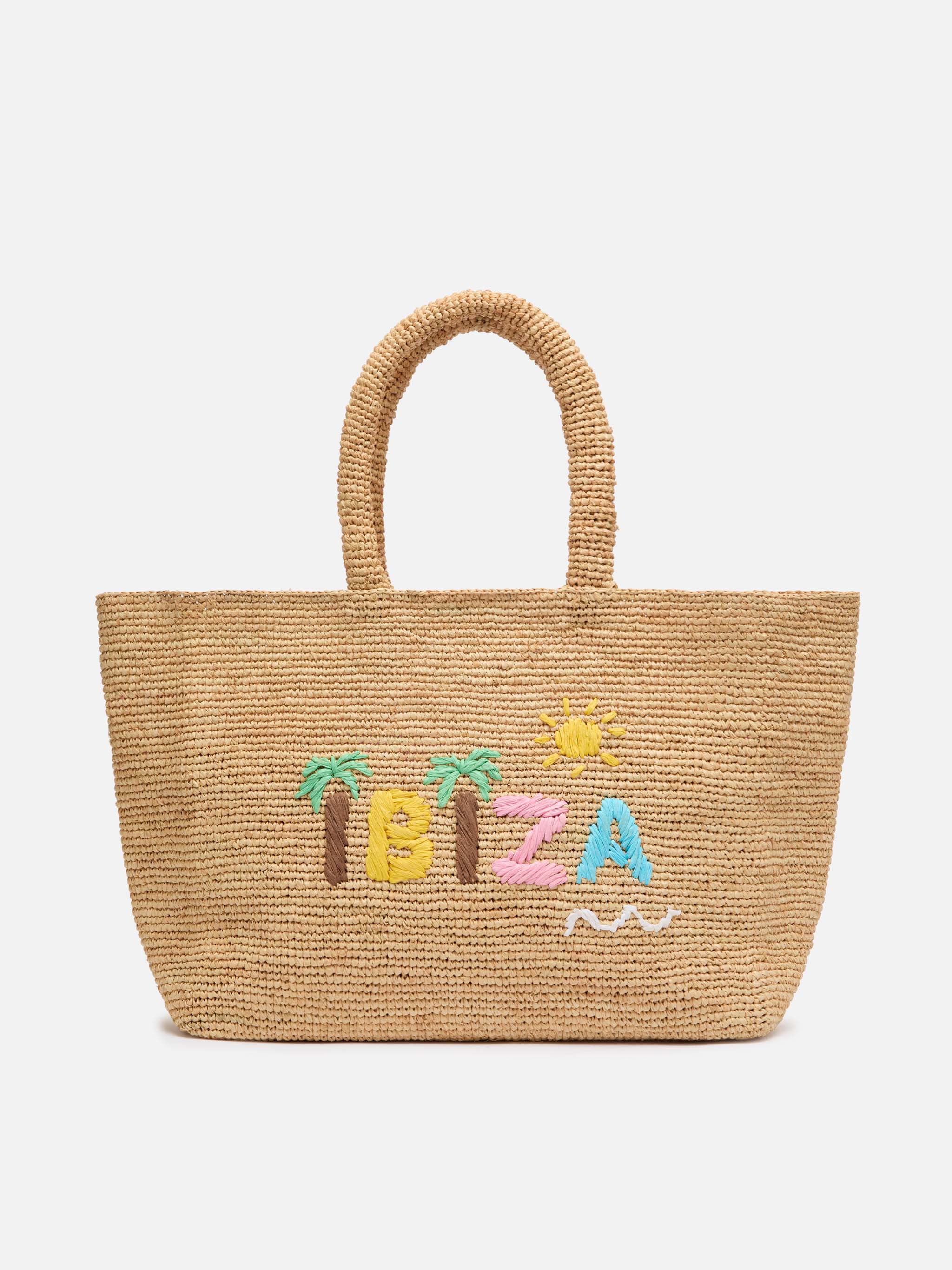 Beige Raffia Beach bag with cotton pouch and Ibiza embroidery