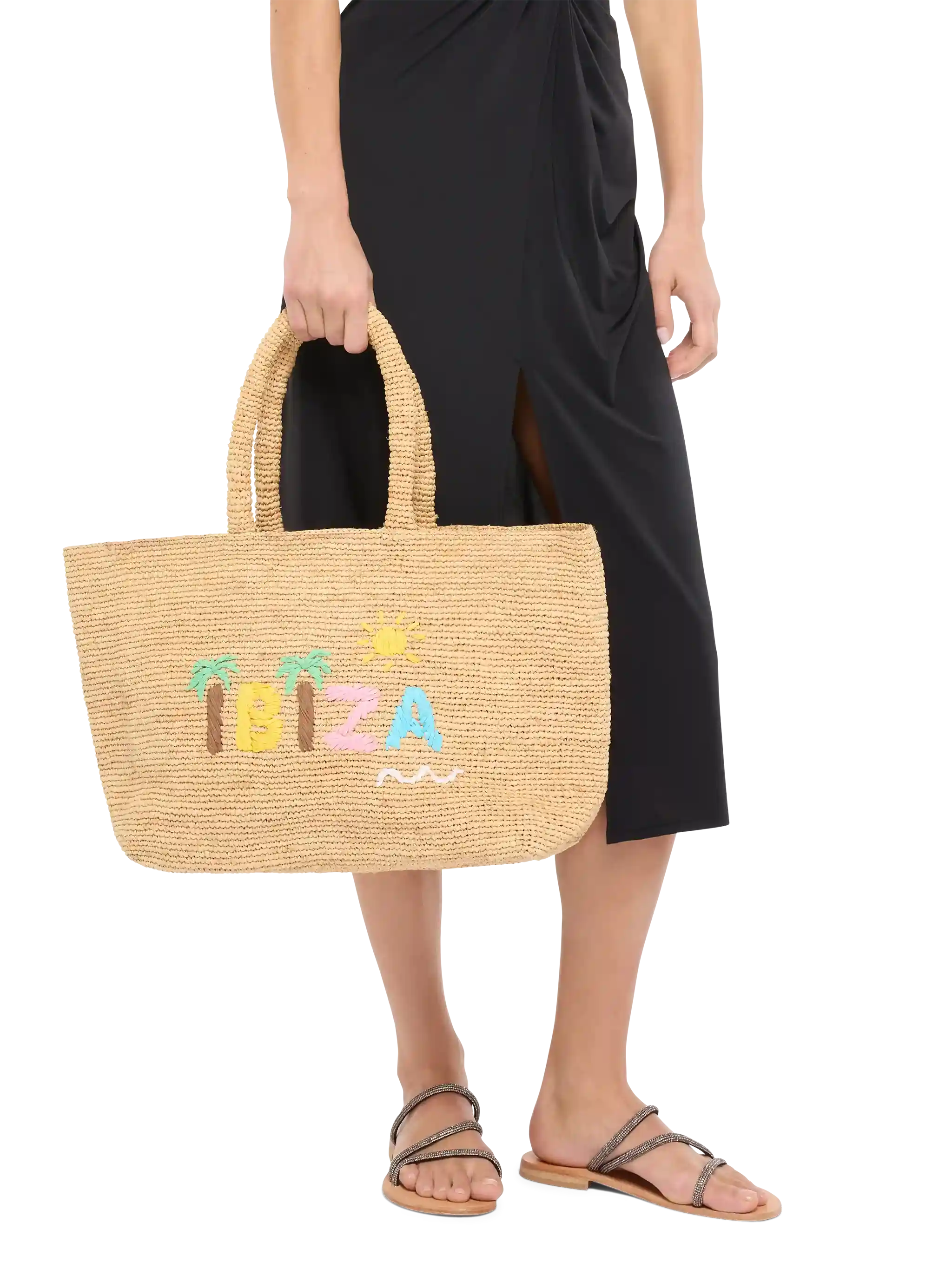 Beige Raffia Beach bag with cotton pouch and Ibiza embroidery - Image 2