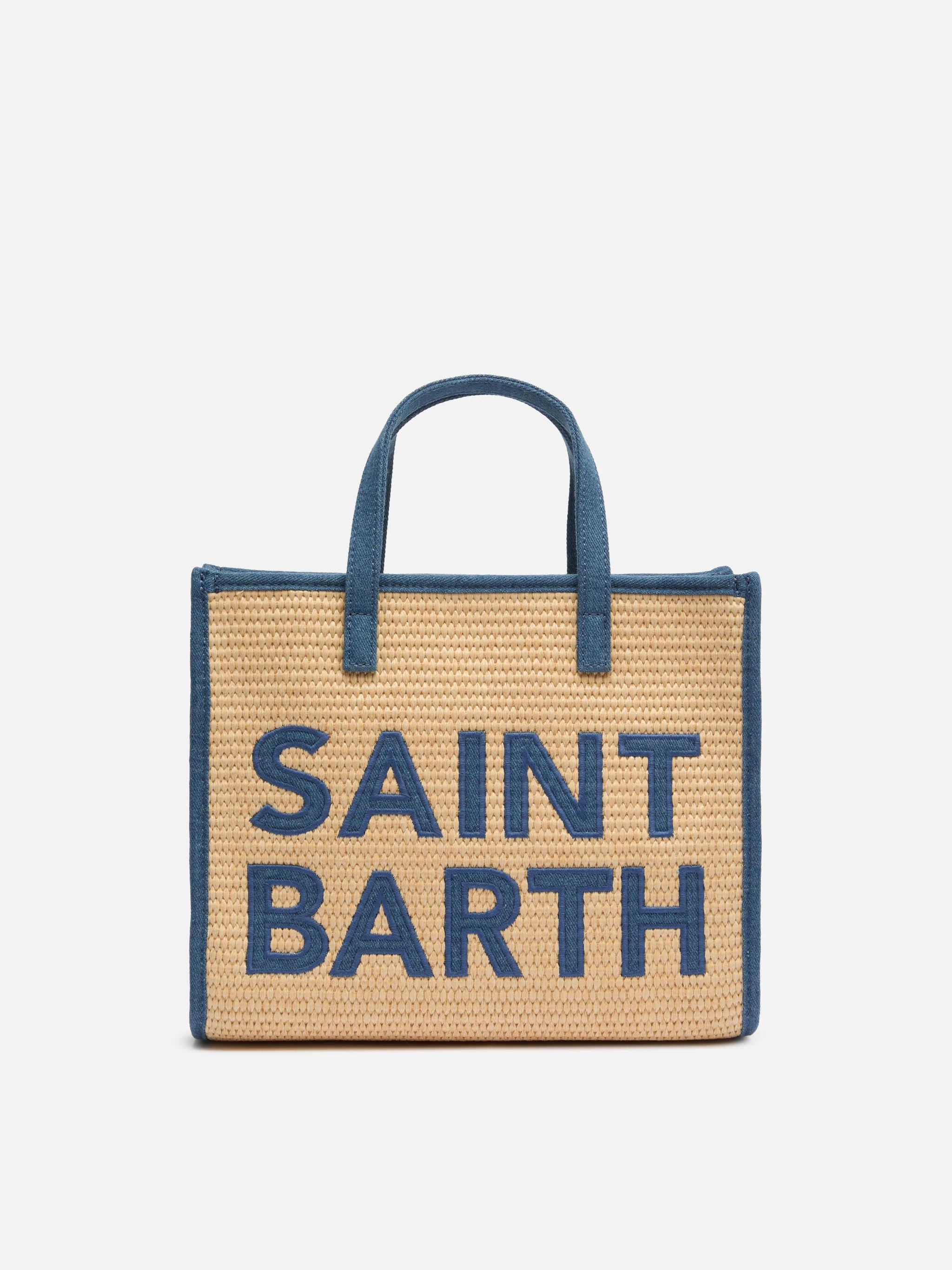 Vivian Mid Straw beige straw effect handbag with denim patch