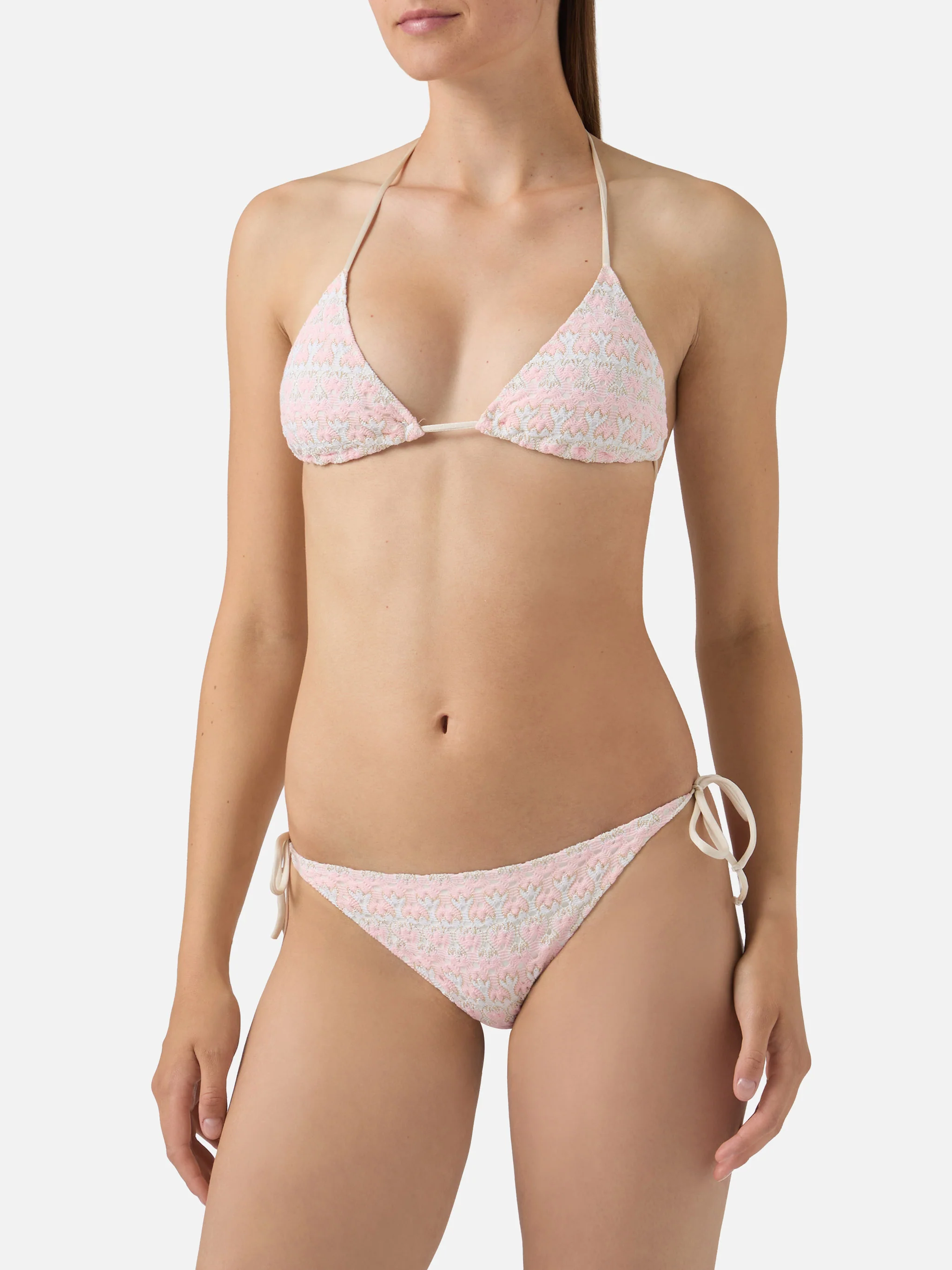 Bikini Levyne triangle in raschel fabric with pink and cream floral print - Image 2