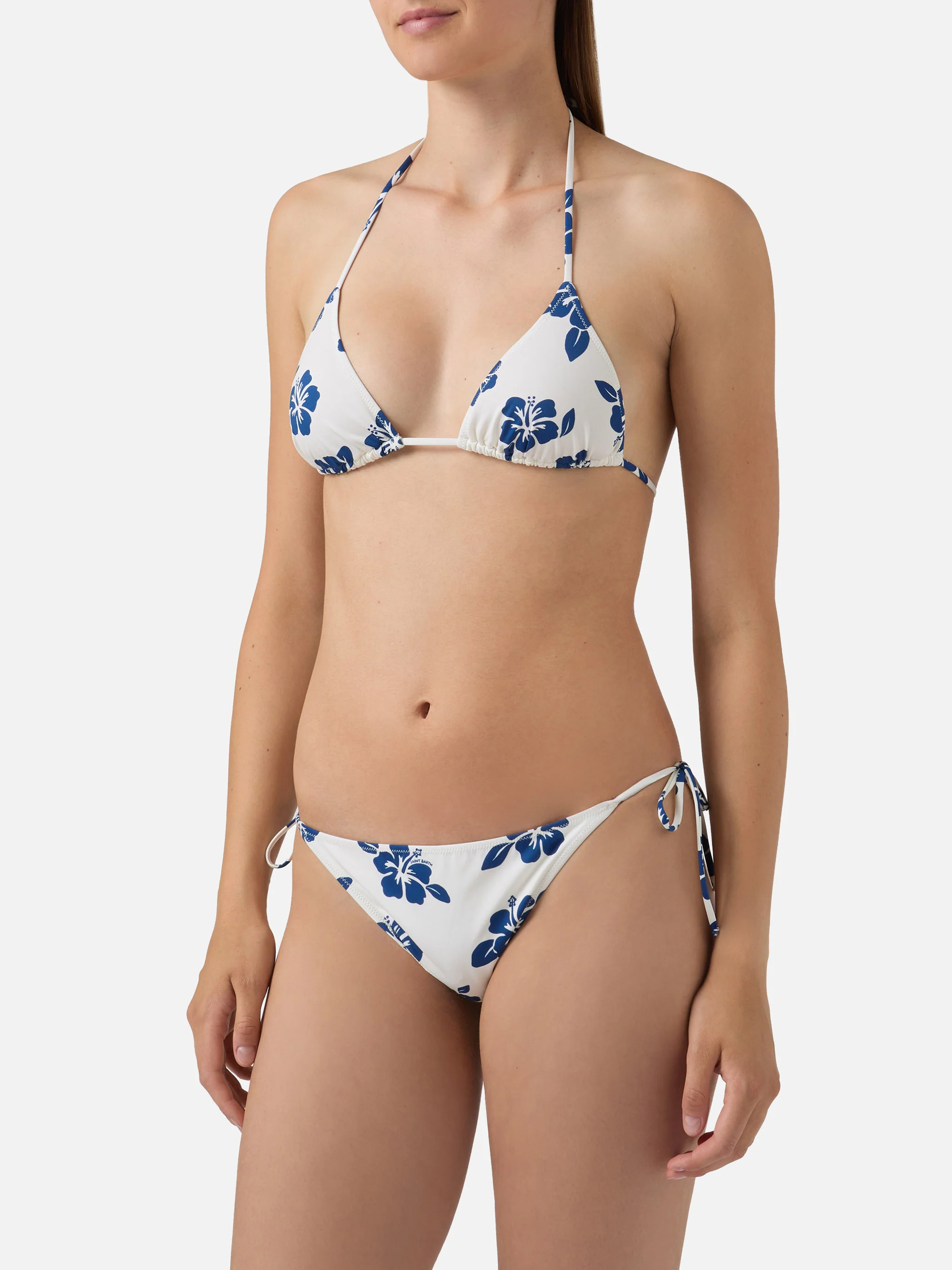 Bikini Levyne triangle in stretch fabric with blue hibiscus print - Image 2