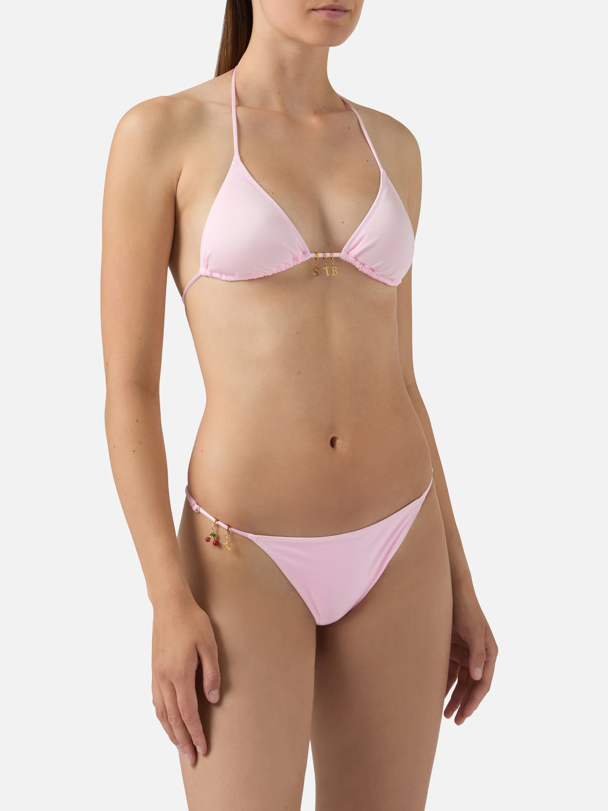 Bikini Lezzy triangle in pink glossy-finish fabric with charms - Image 2