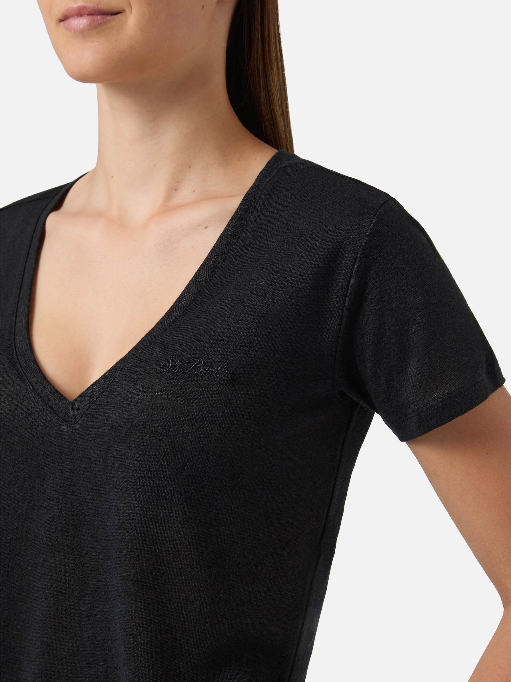 Black linen Eloise T-shirt with embroidered logo - Image 2