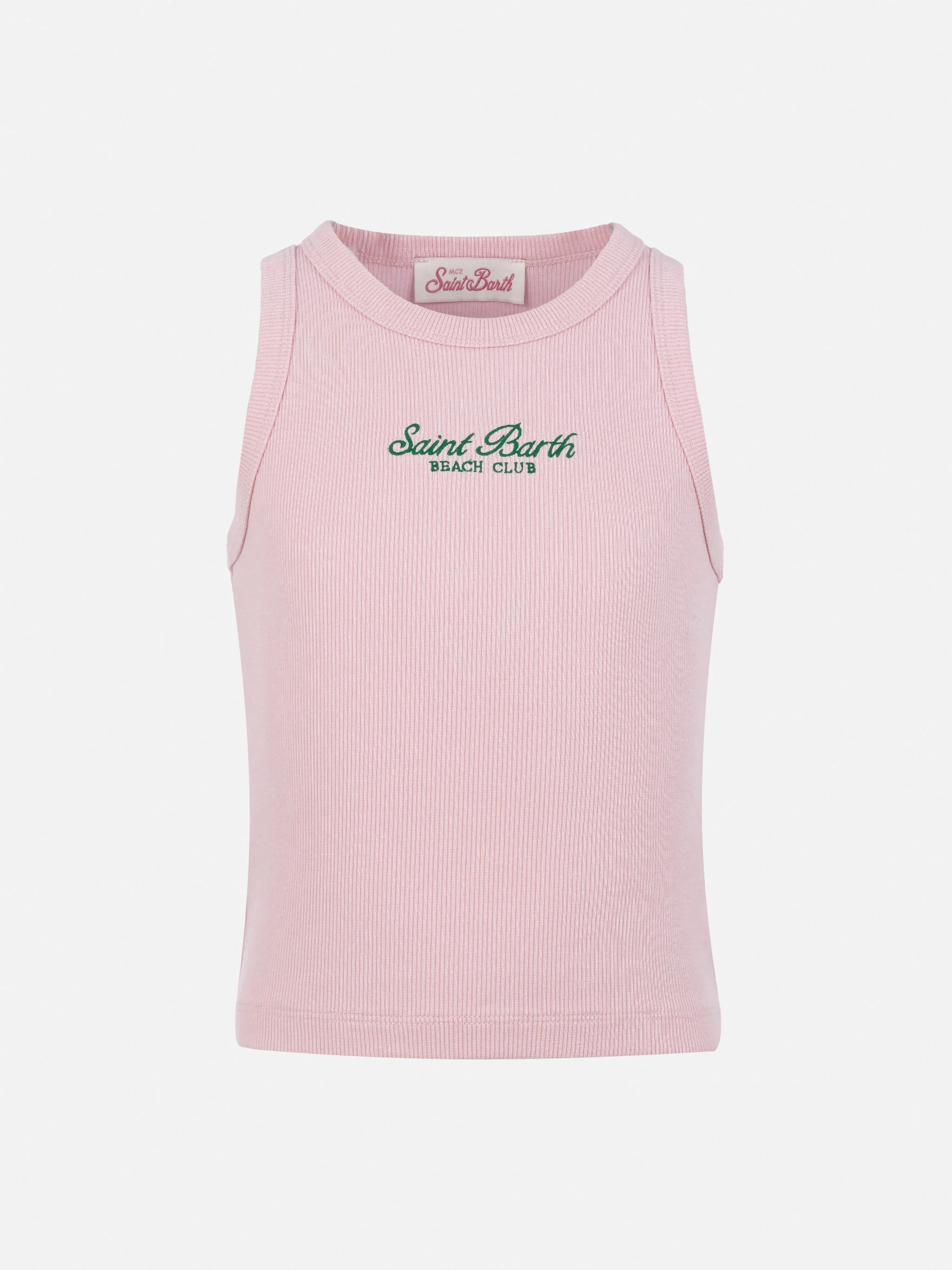 Blue Jr pink rib-knit cotton crop tank with embroidery