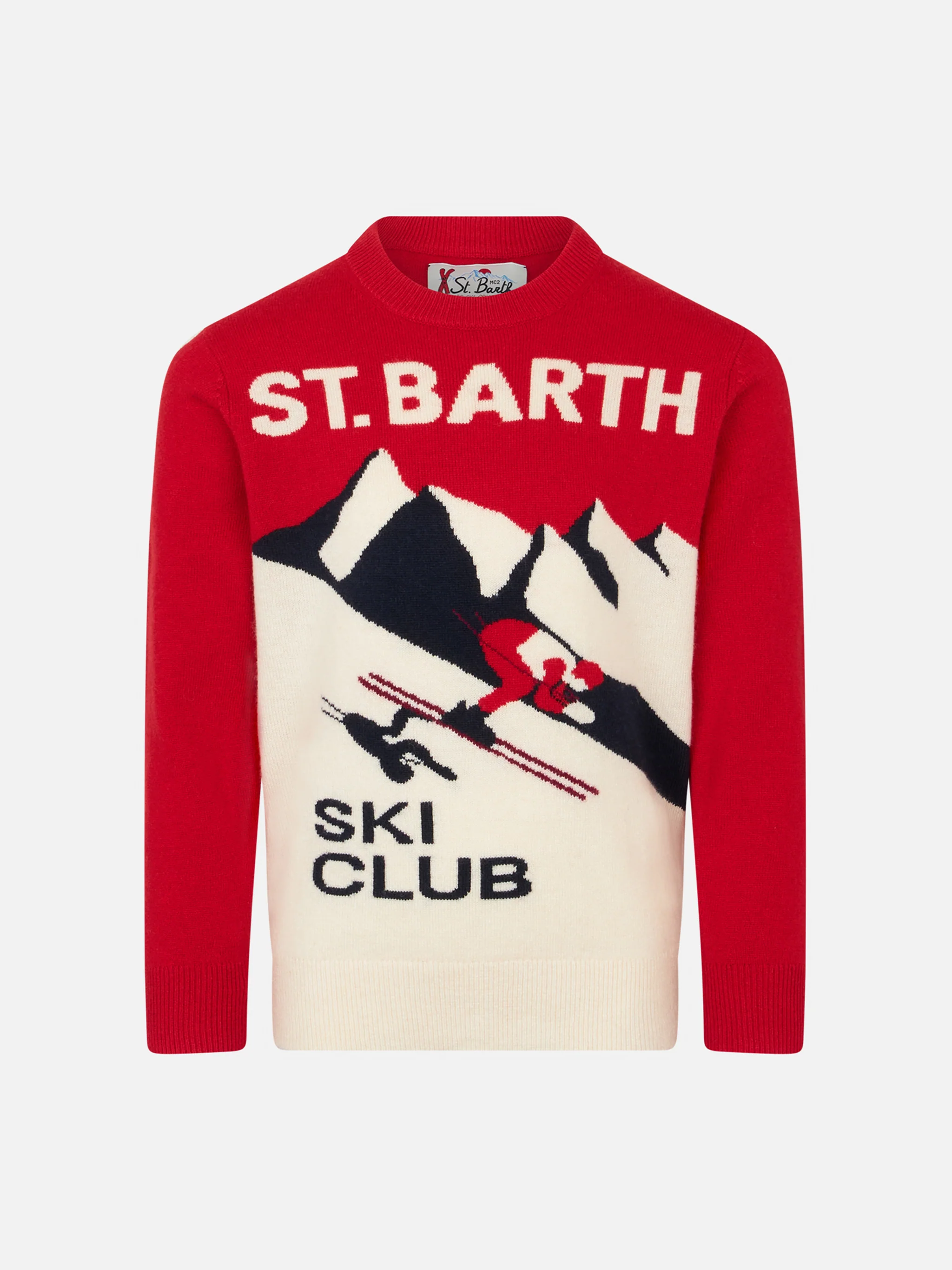 Boy crewneck sweater with St. Barth Ski Club postacard jacquard