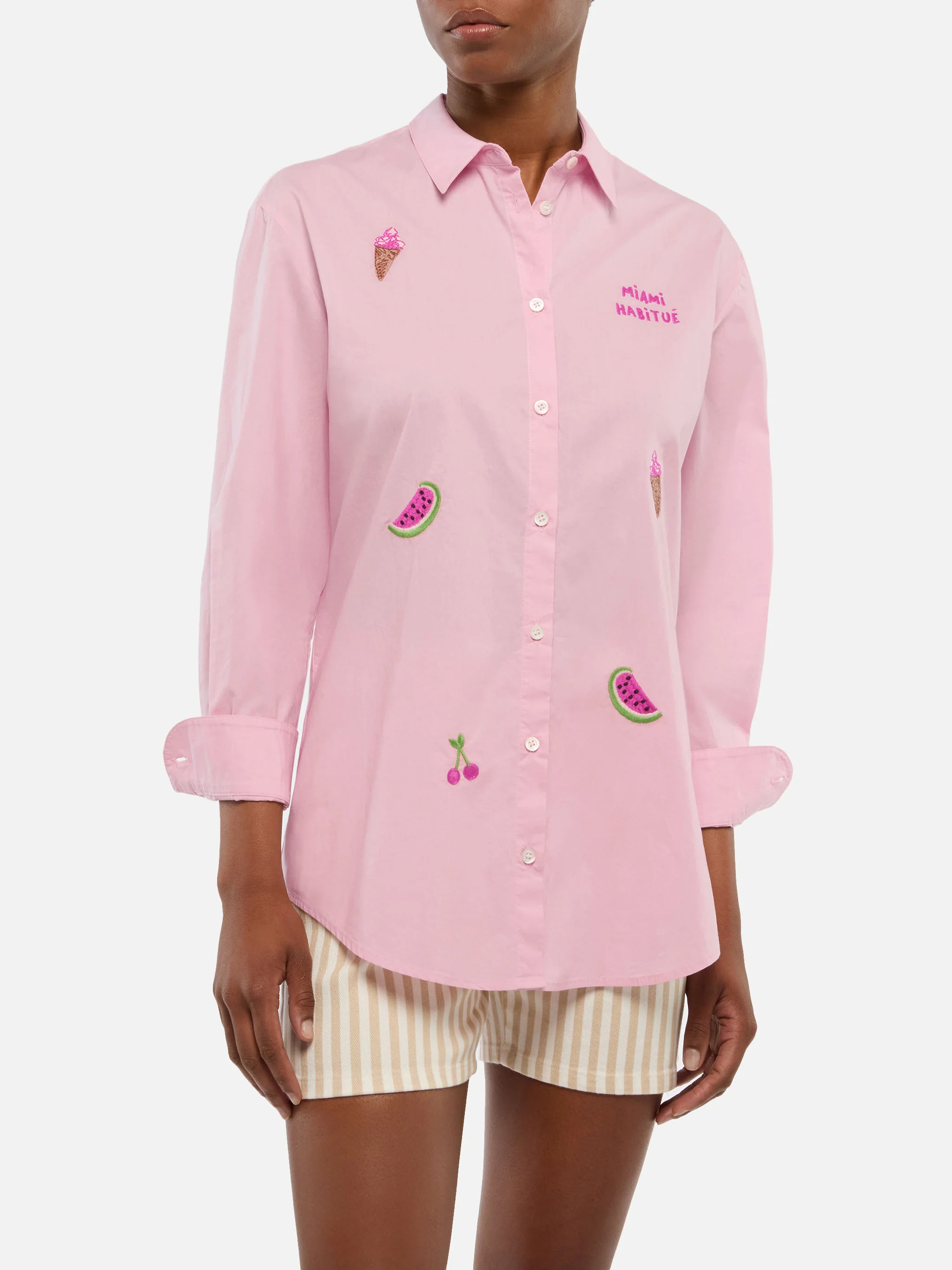 Brigitte striped-print cotton shirt with Miami habituè embroidery
