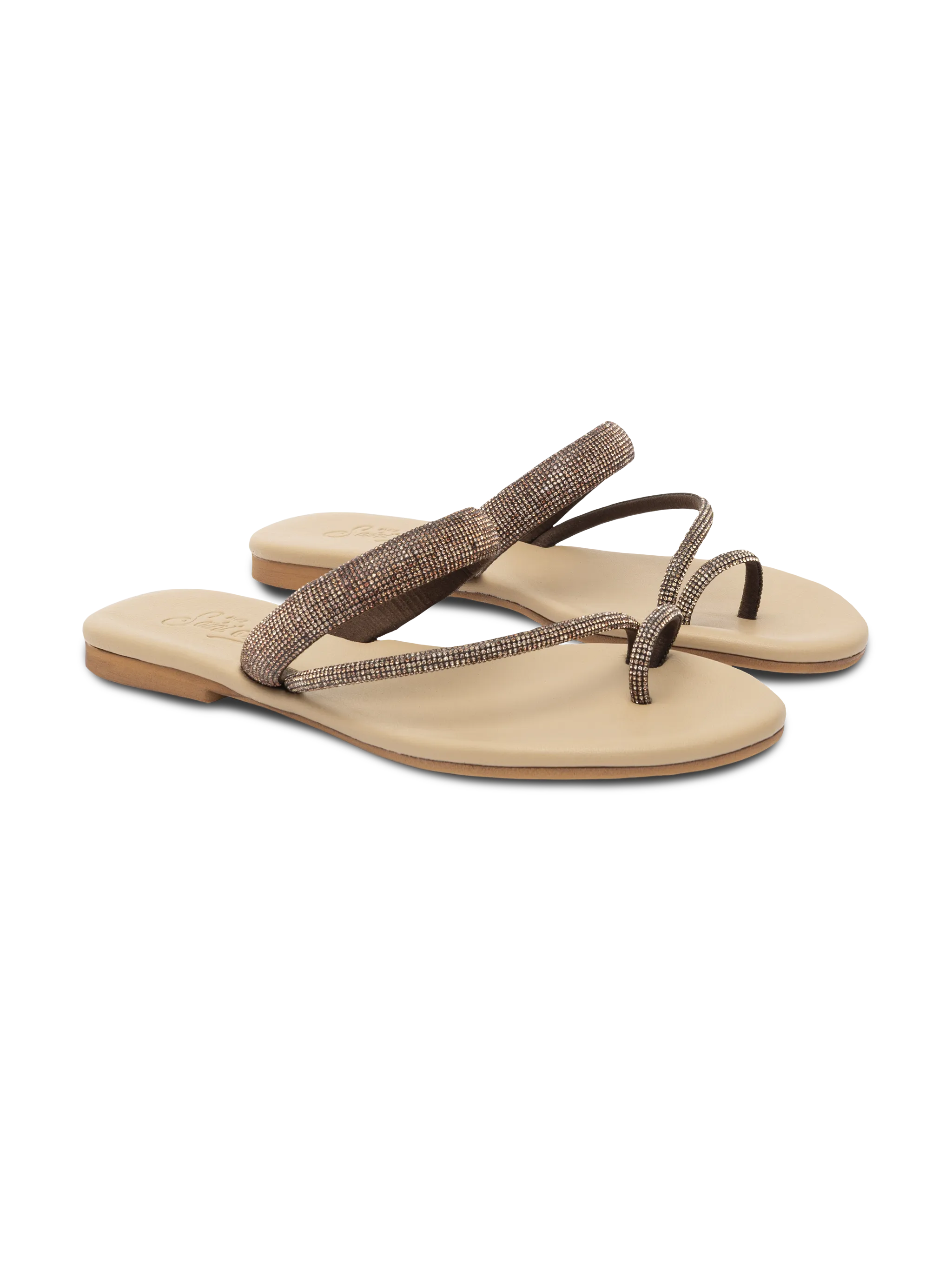 Cora flat Sandals with toe ring and brown rhinestones