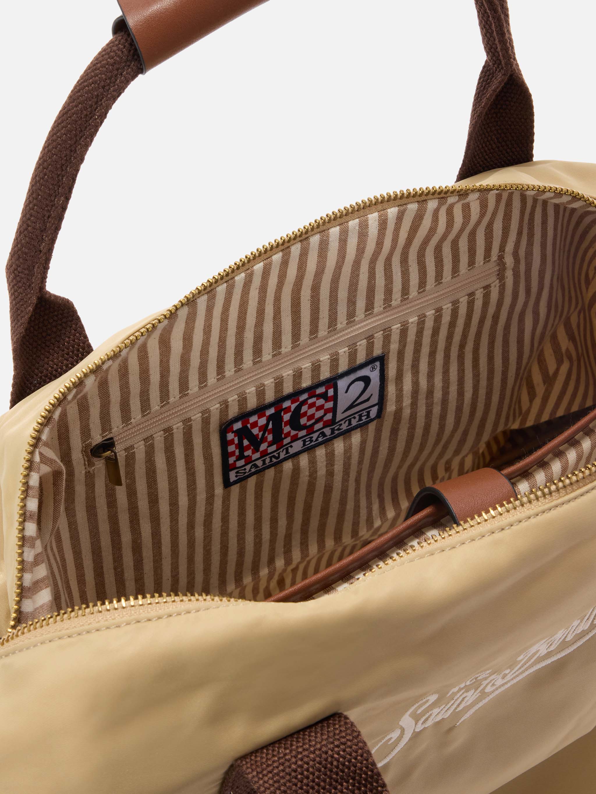 Daily beige nylon weekender with embroidered logo - Image 5