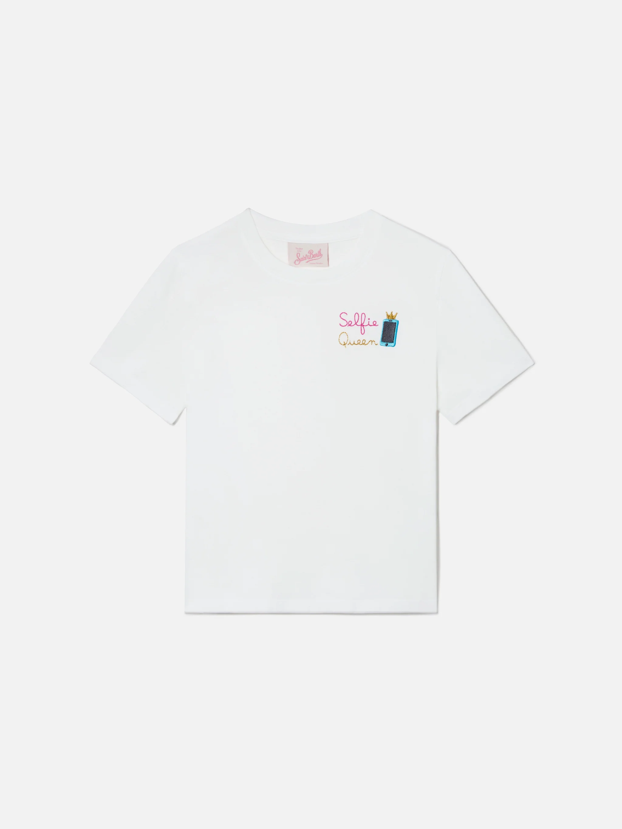 Elly T-shirt in white cotton with Selfie Queen embroidery