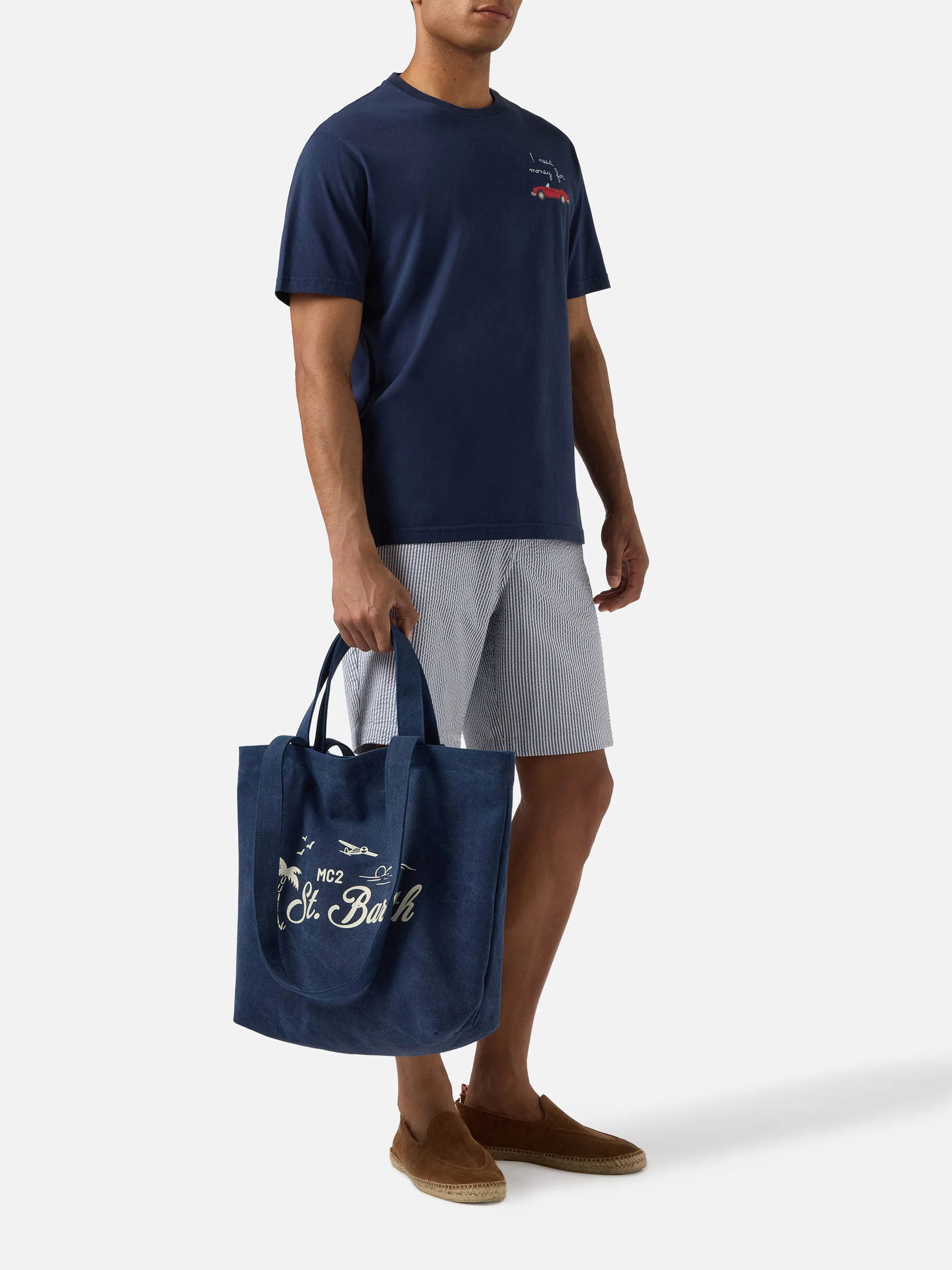 Essential Beach navy blue cotton tote bag with embroidered logo - Image 2