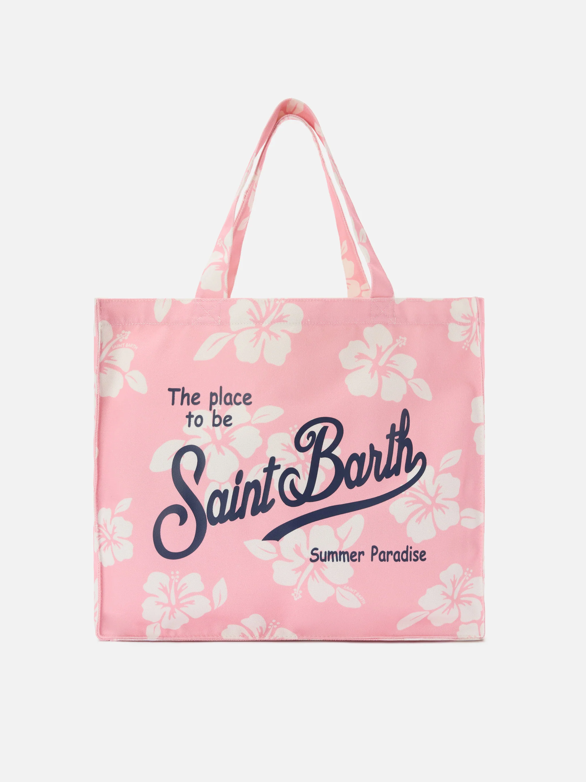 Essential canvas tote bag with pink hibiscus print and contrasting logo