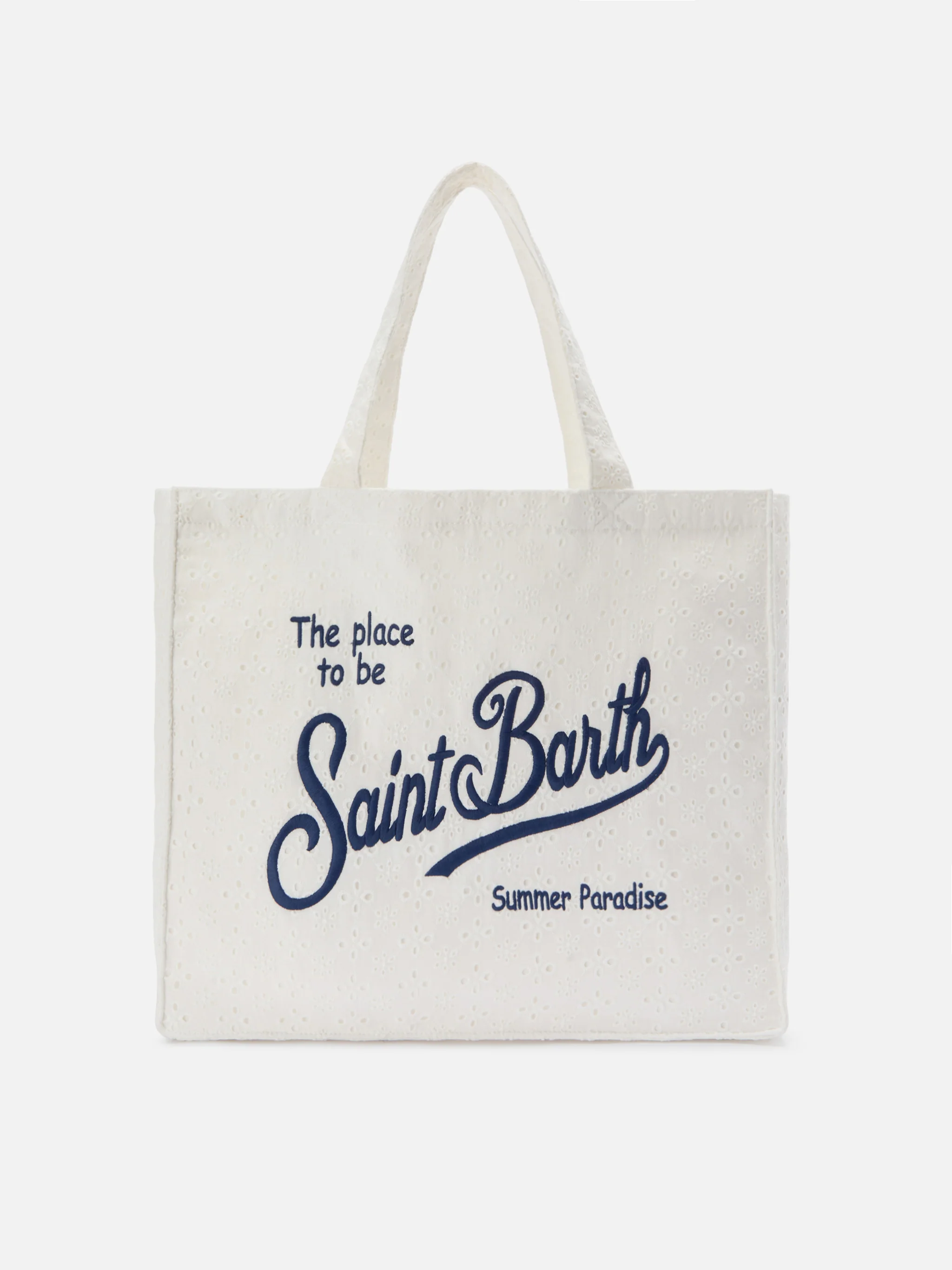 Essential white broderie anglaise cotton tote bag with contrasting logo