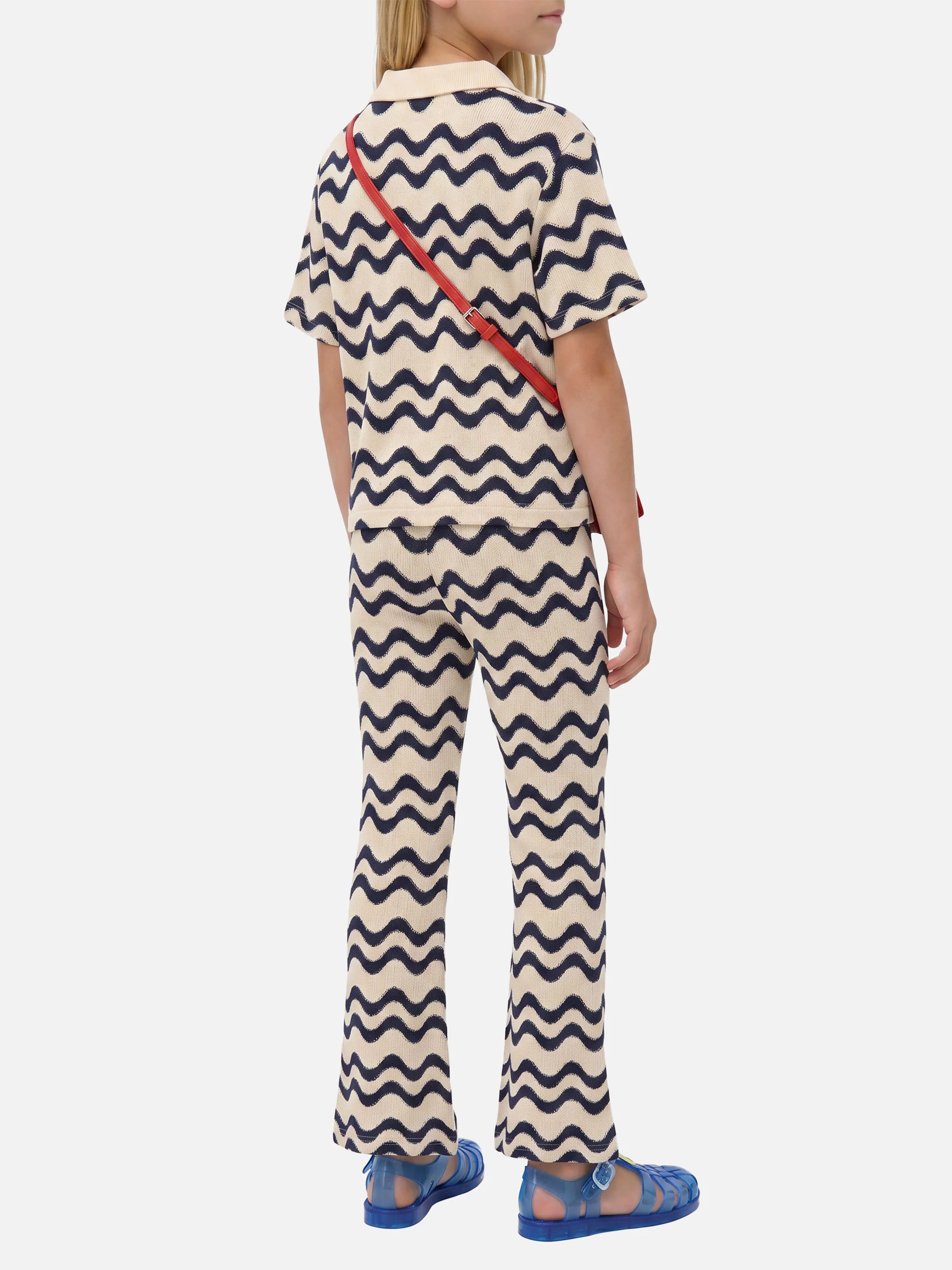Lala Jr Polo in cotton blend knit with blue and ivory wave pattern - Image 5