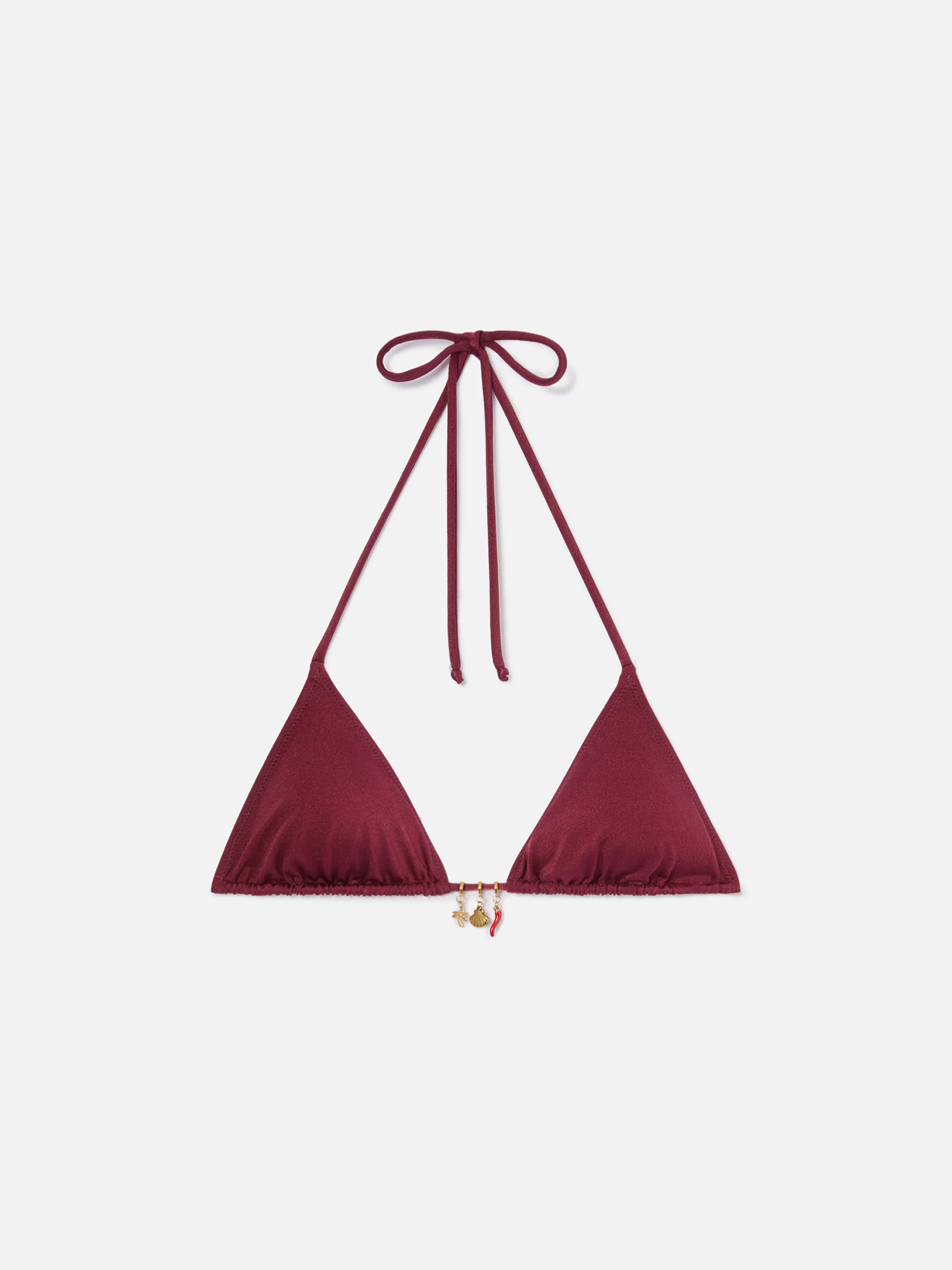 Leah triangle bikini top in red glossy finish fabric with charms