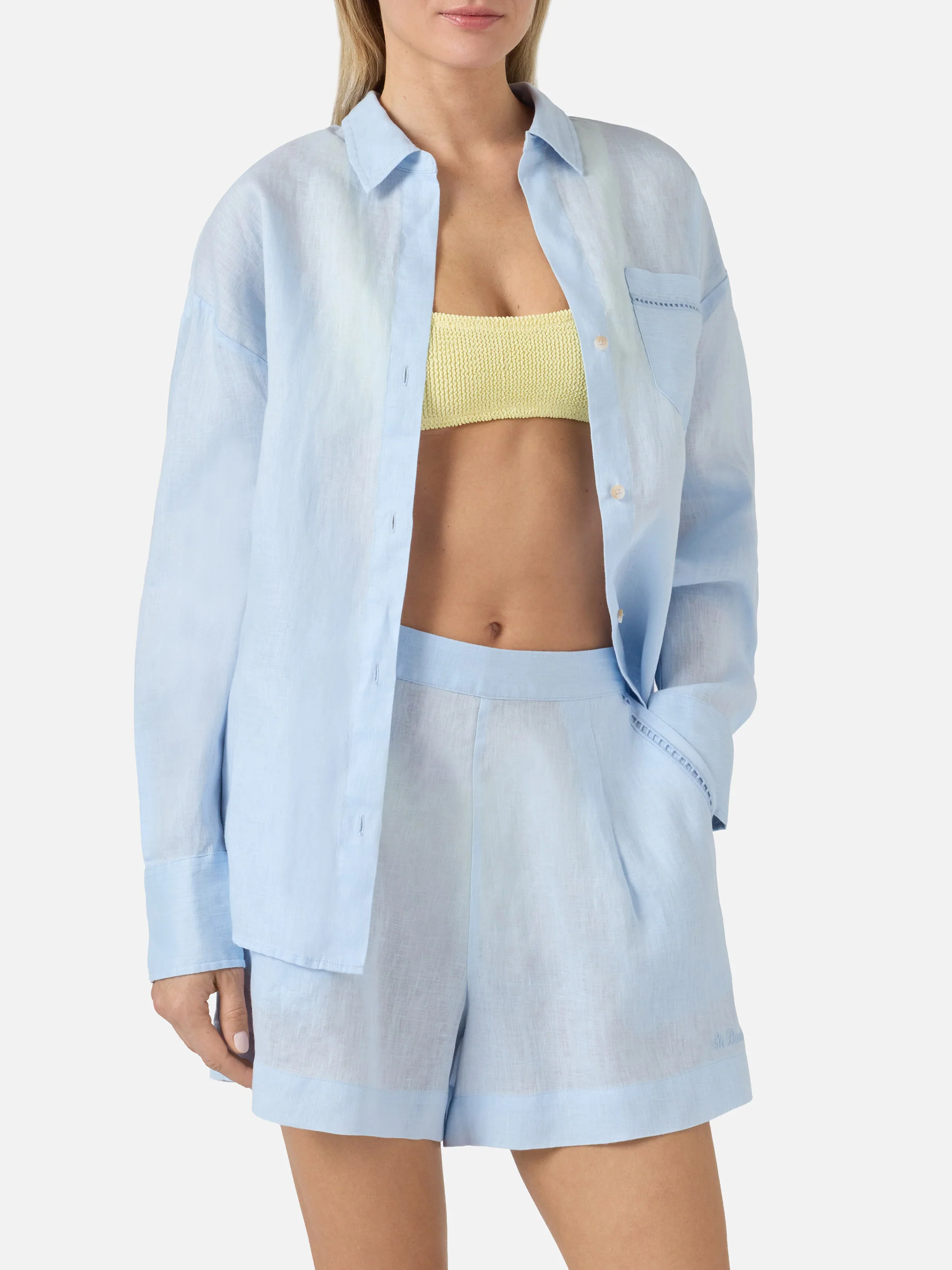 Light blue linen Cristal shirt with perforated Saint Barth embroidery