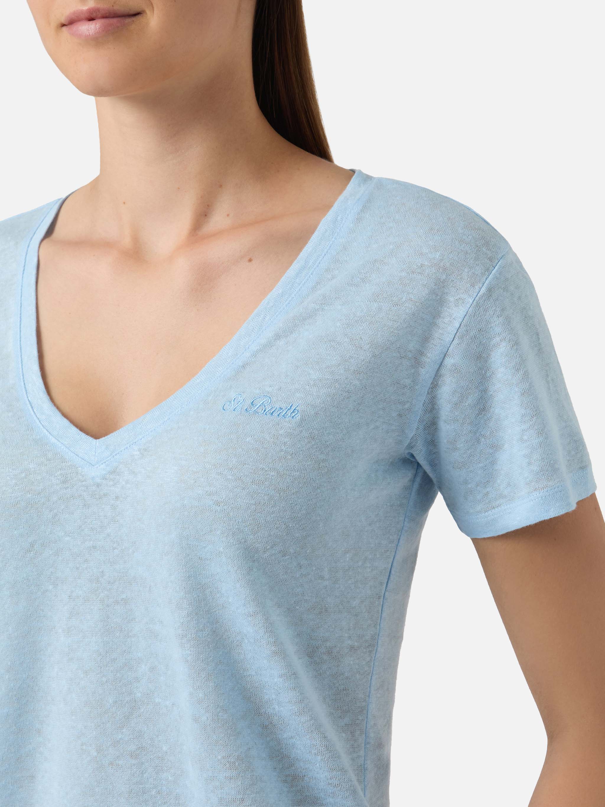 Light blue linen Eloise T-shirt with embroidered logo - Image 2