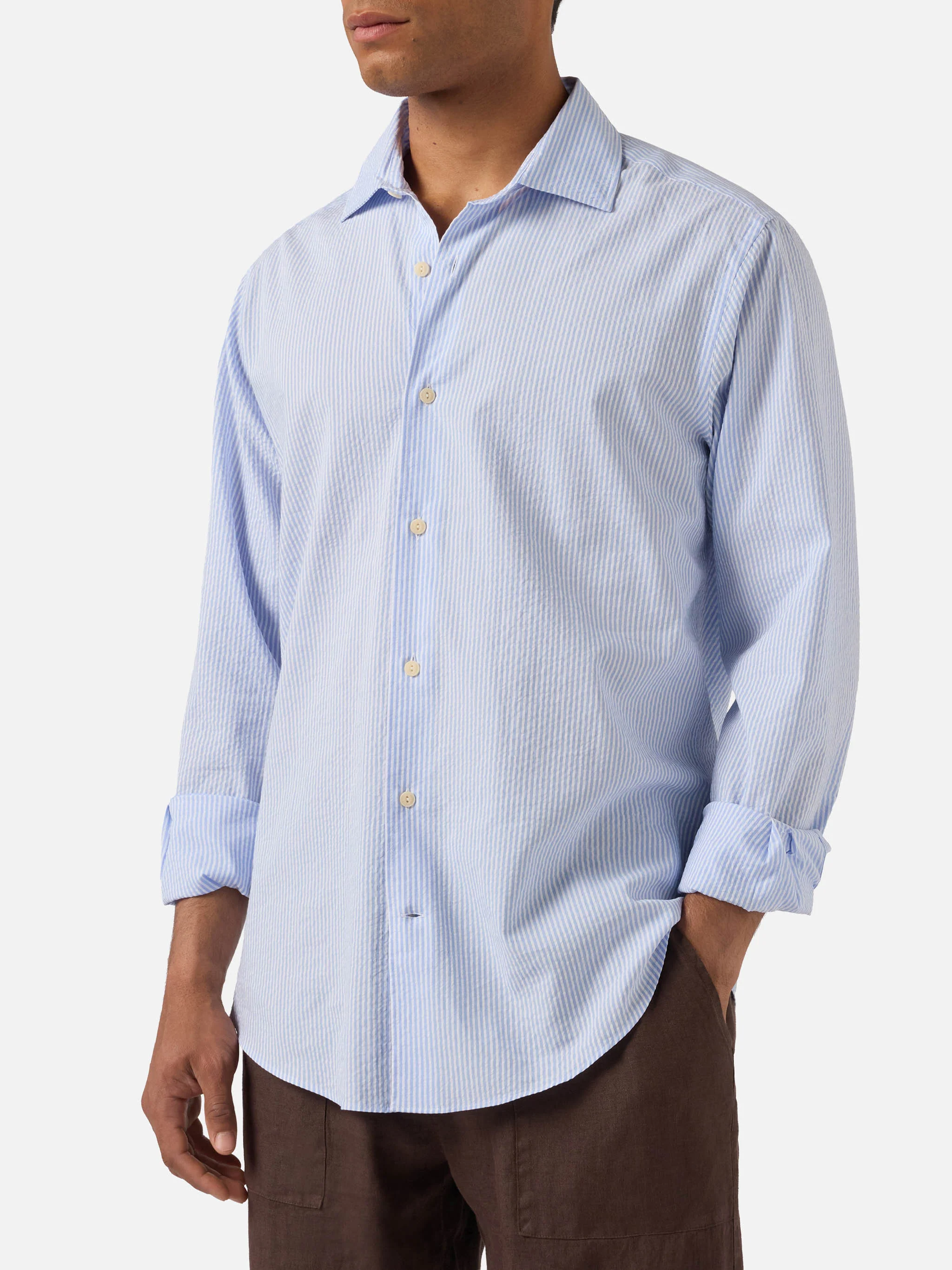 Light blue striped Pamplona shirt in seersucker
