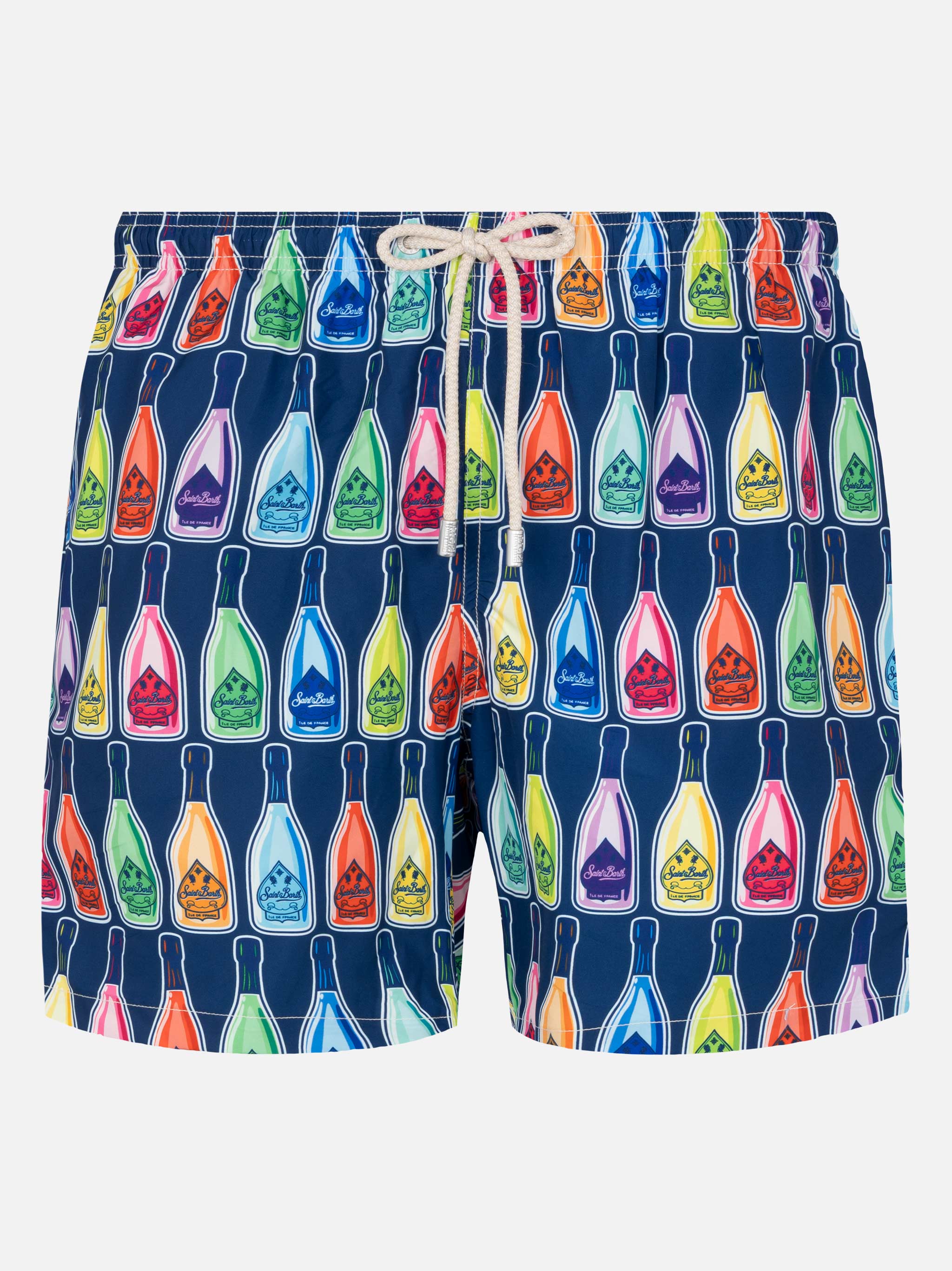 Lightweight fabric swim-shorts Lighting with bottles print