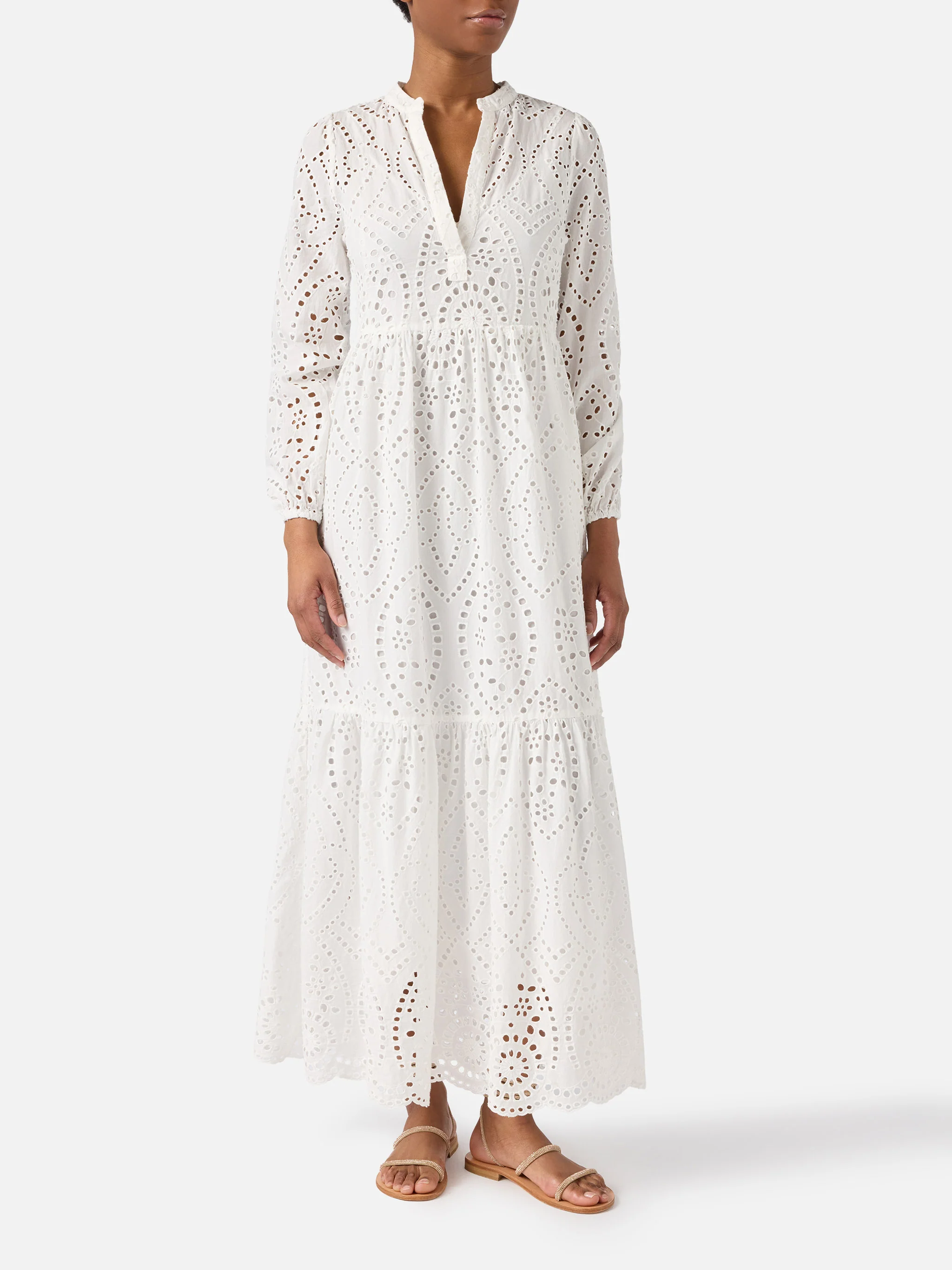 Long Sylvia dress in white sangallo fabric