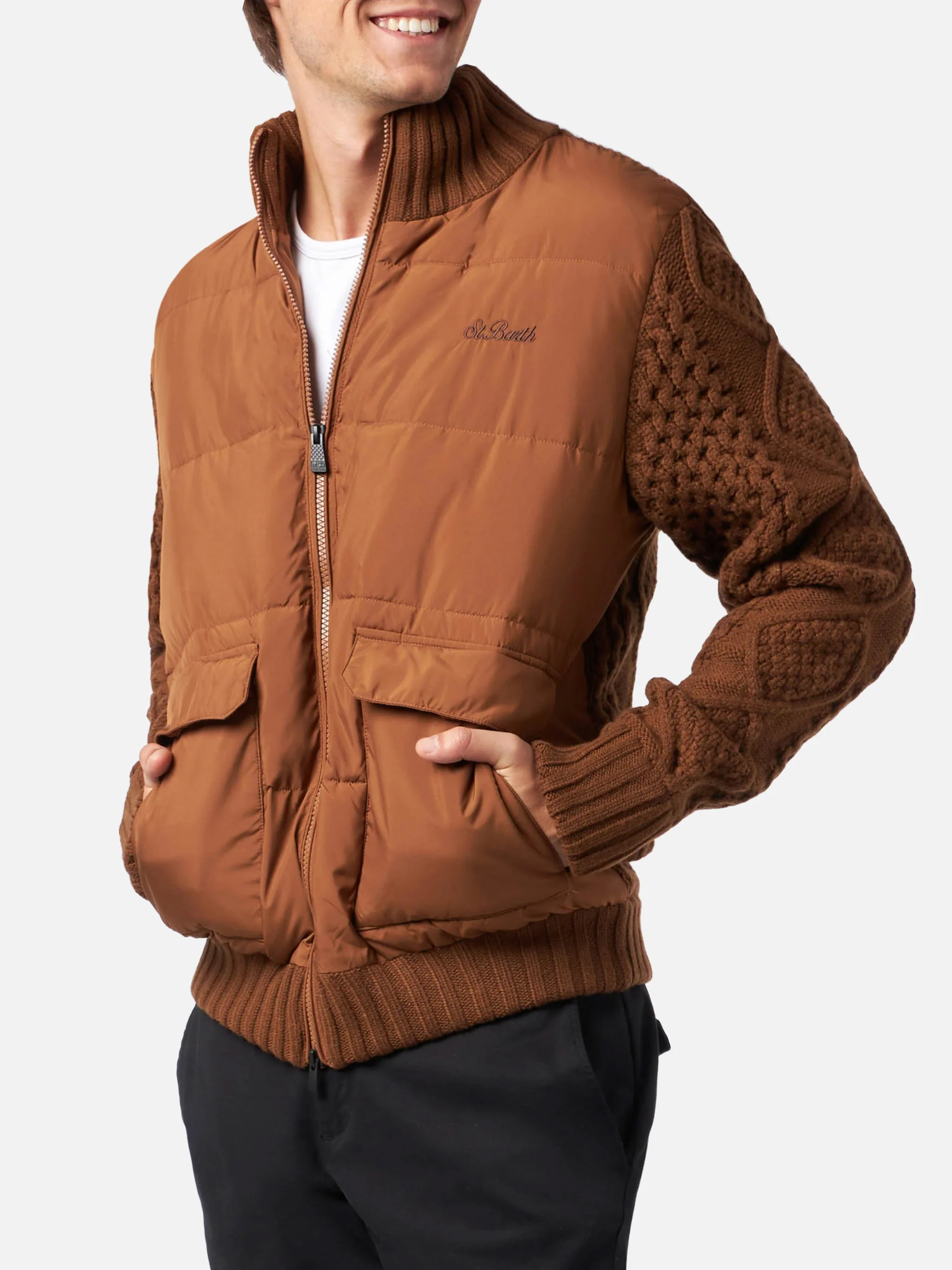 Whistler brown quilted jacket with knitted sleeves