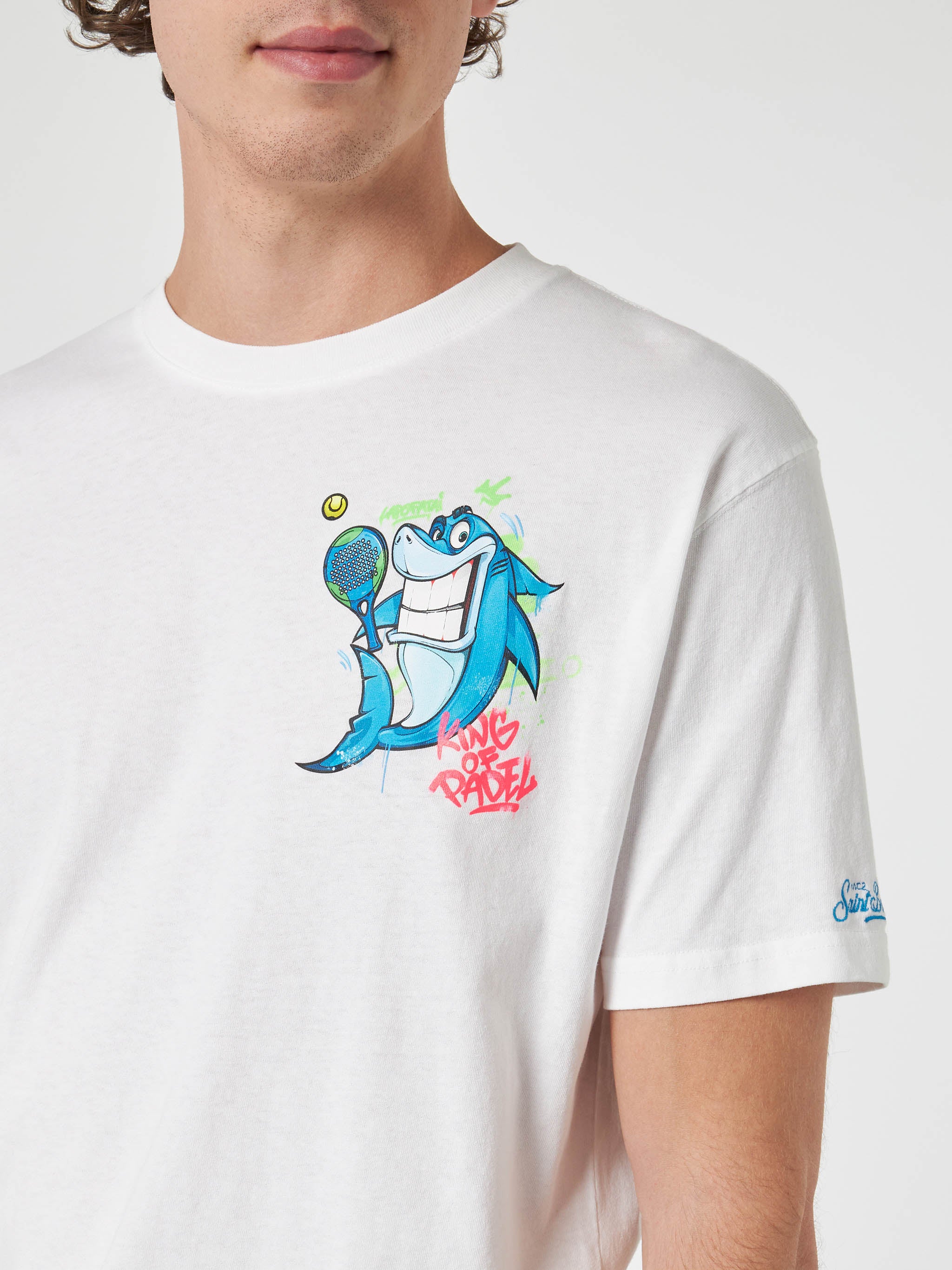 Man cotton t-shirt with Crypto puppets Shark Padel front and back placed print | CRYPTO PUPPETS SPECIAL EDITION
