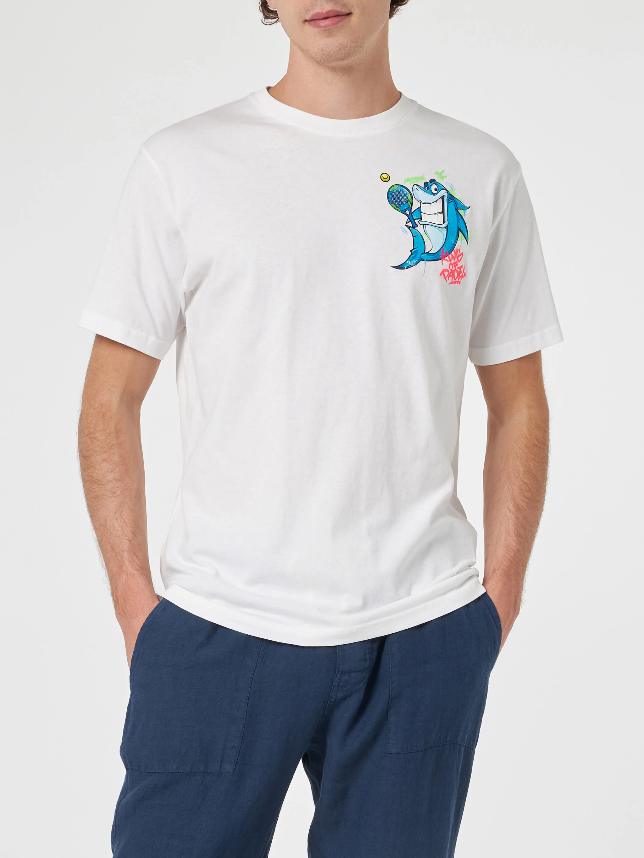 Man cotton t-shirt with Crypto puppets Shark Padel front and back placed print | CRYPTO PUPPETS SPECIAL EDITION - Image 2