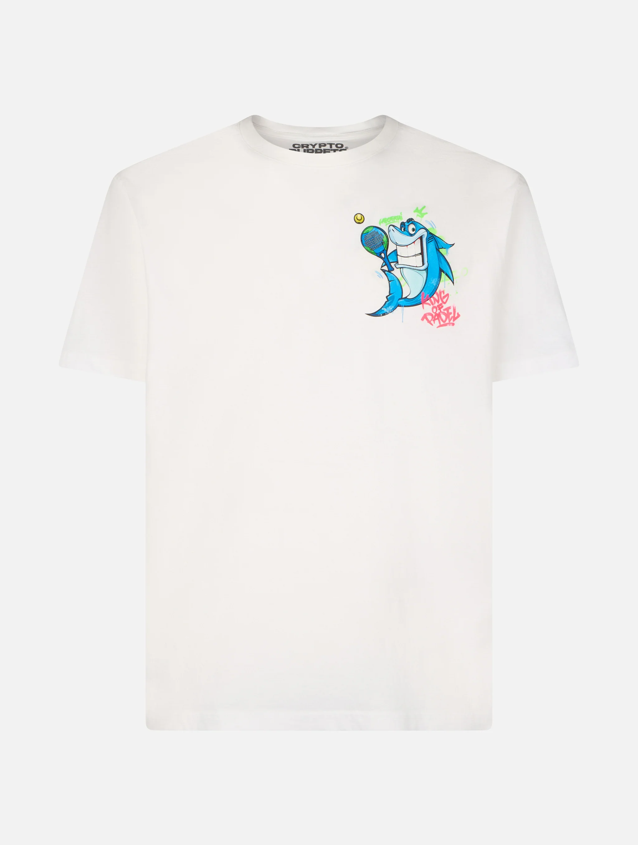 Man cotton t-shirt with Crypto puppets Shark Padel front and back placed print | CRYPTO PUPPETS SPECIAL EDITION - Image 4