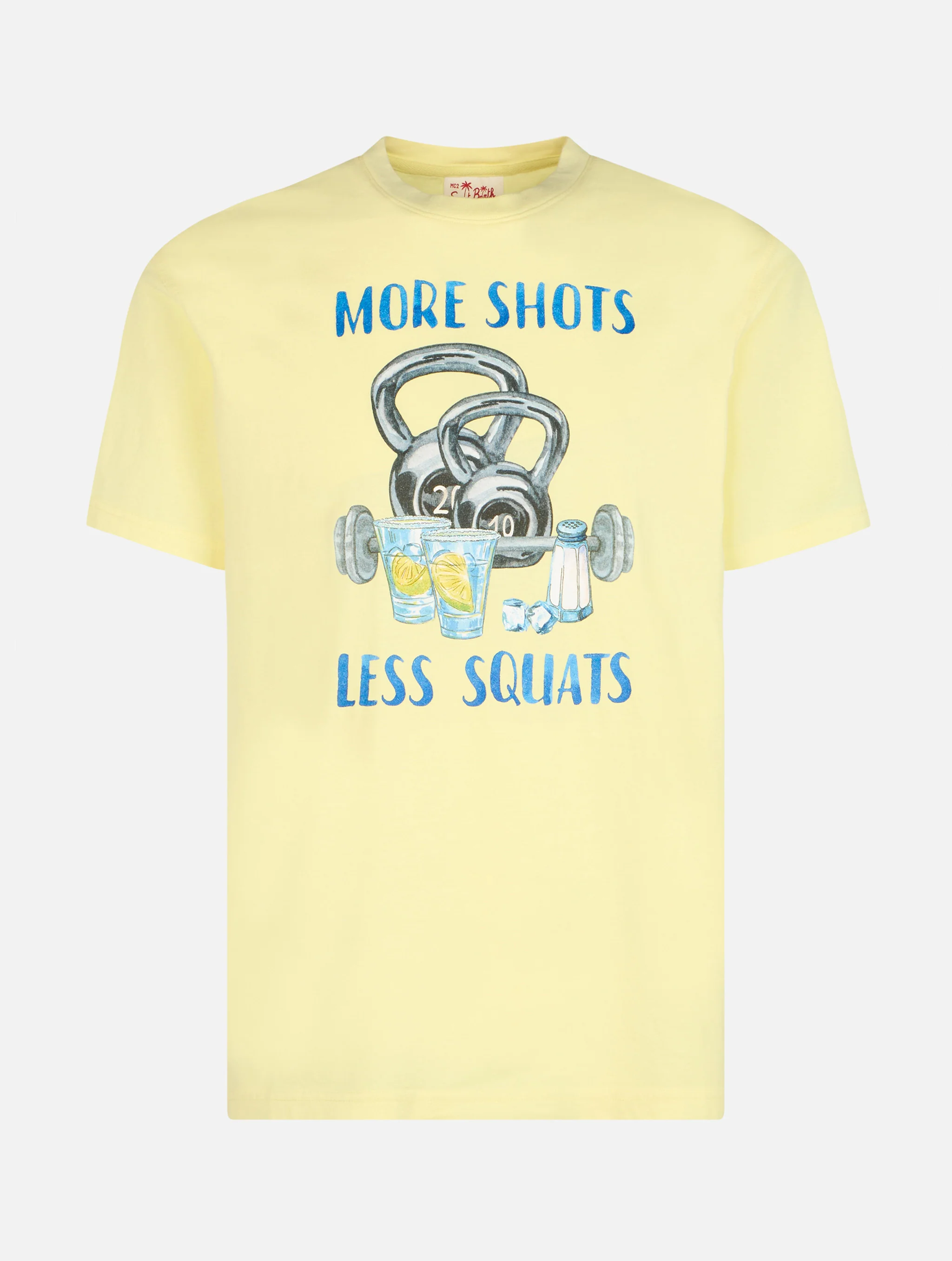 T-shirt with More Shots Less Squats print in yellow