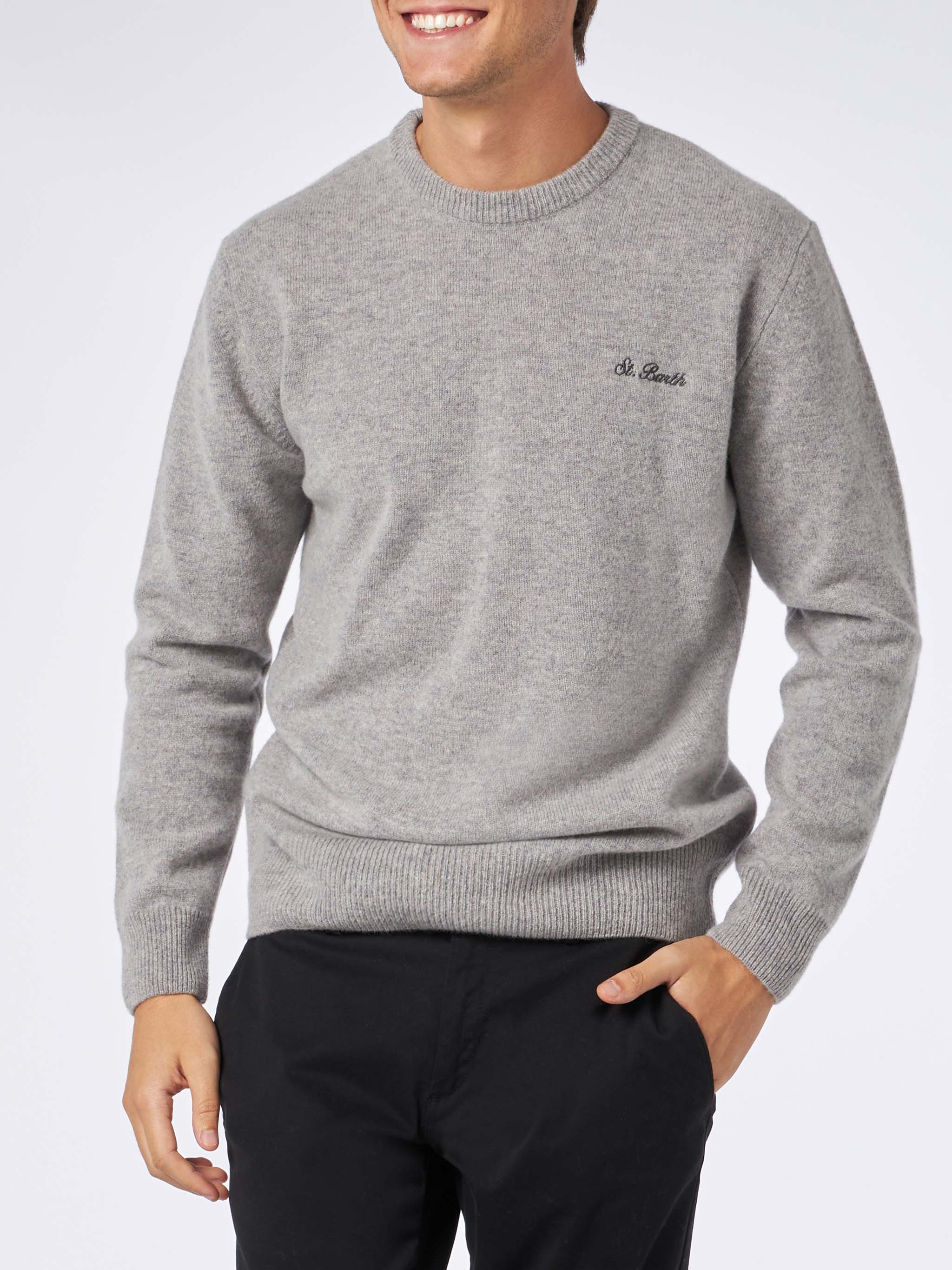 Heron grey melange sweater with St. Barth embroidery