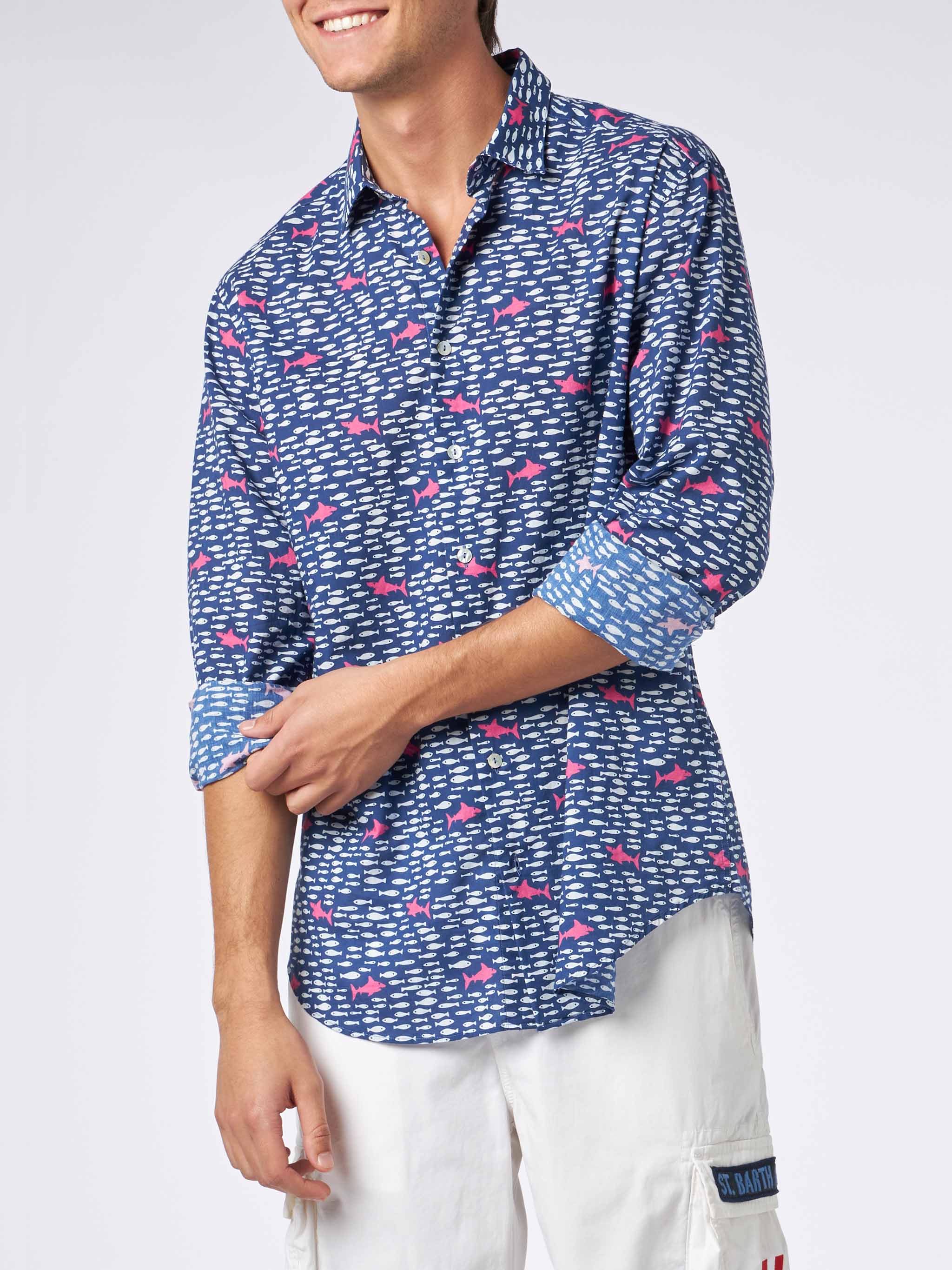 Sikelia muslin cotton shirt with fish and sharks print