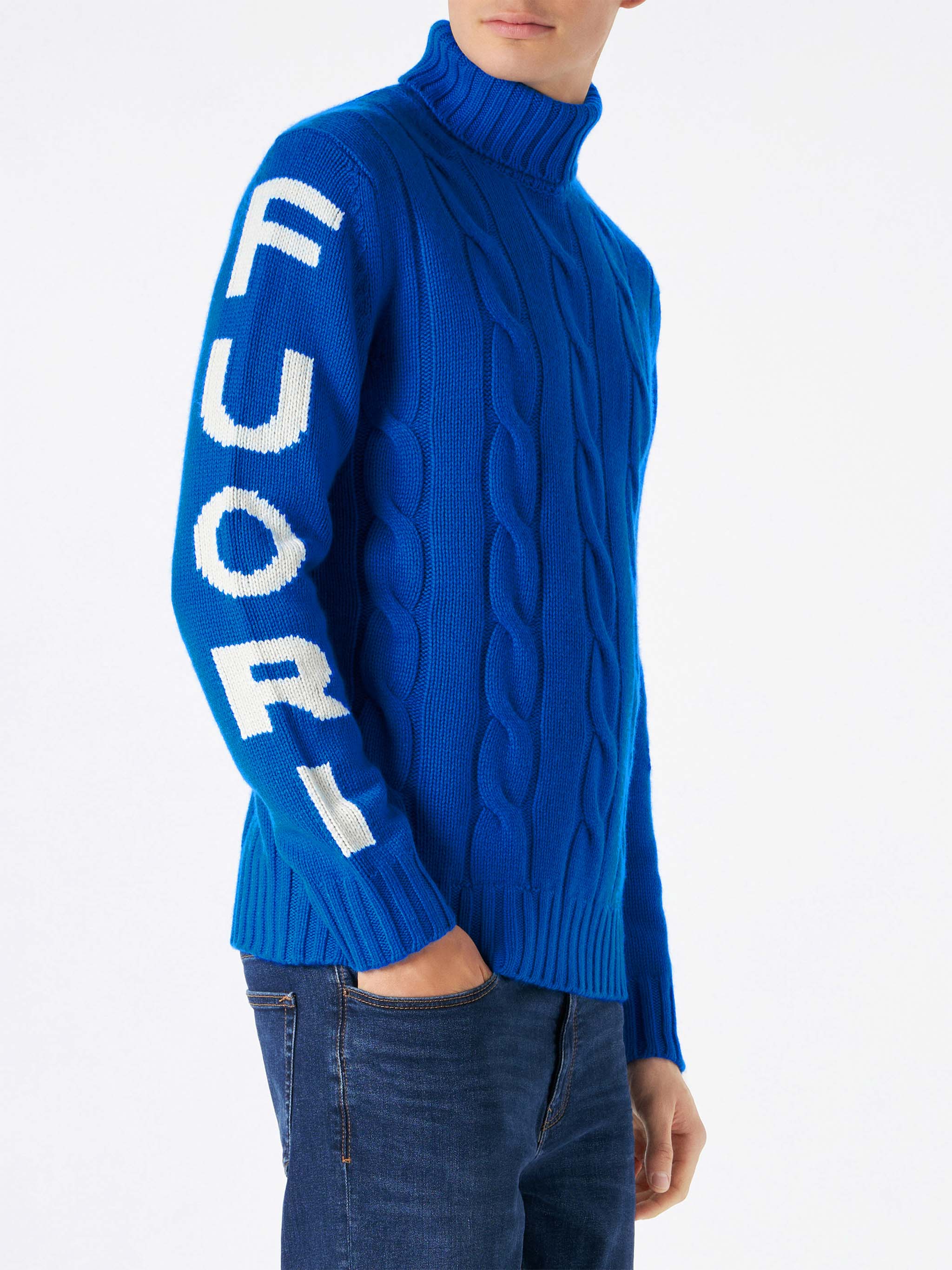 Fisherman cable-knit turtleneck sweater with Fuori pista jacquard blue - Image 5