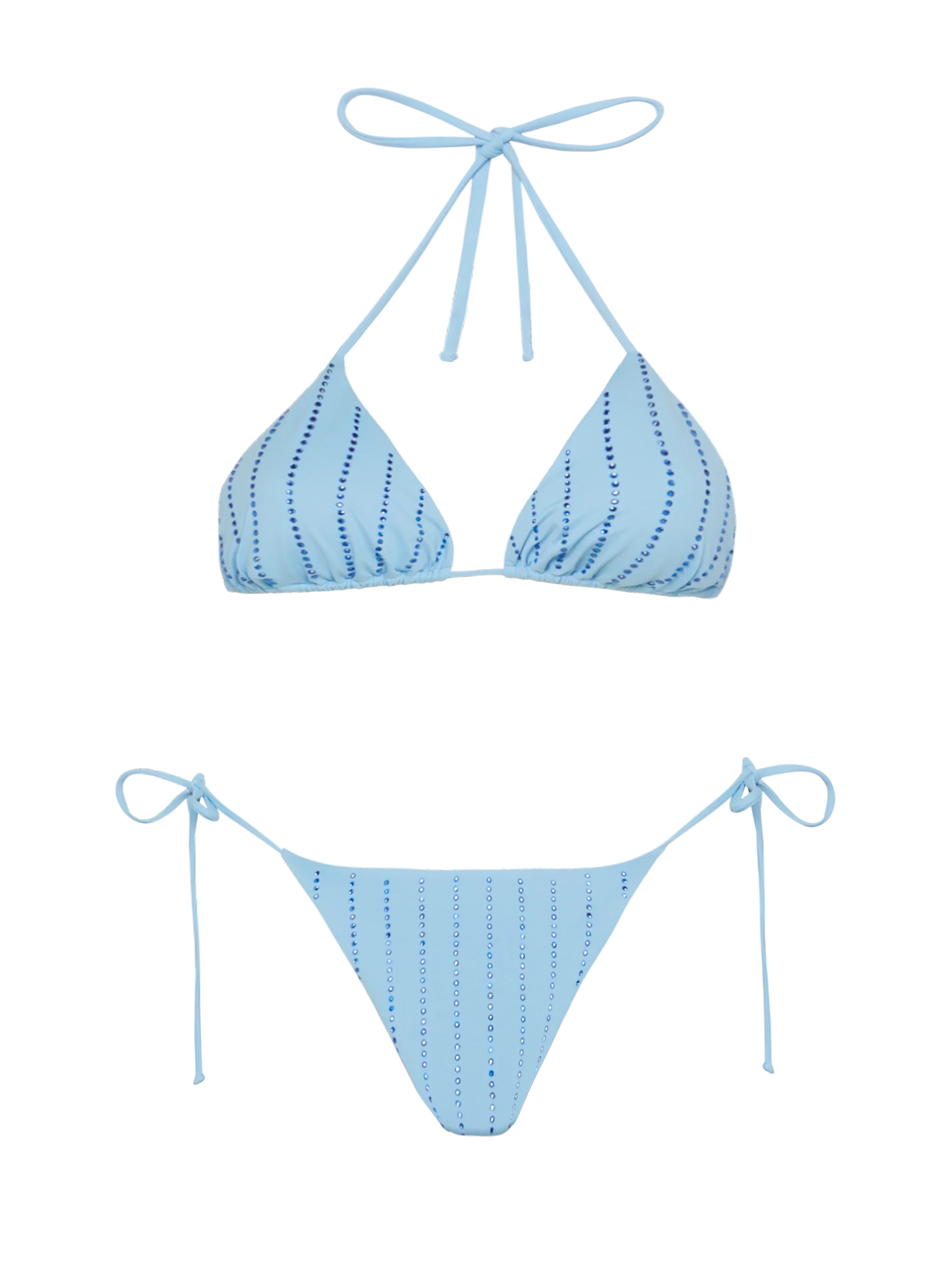 Light blue classic triangle bikini Leah Marielle with striped rhinestone embellishment
