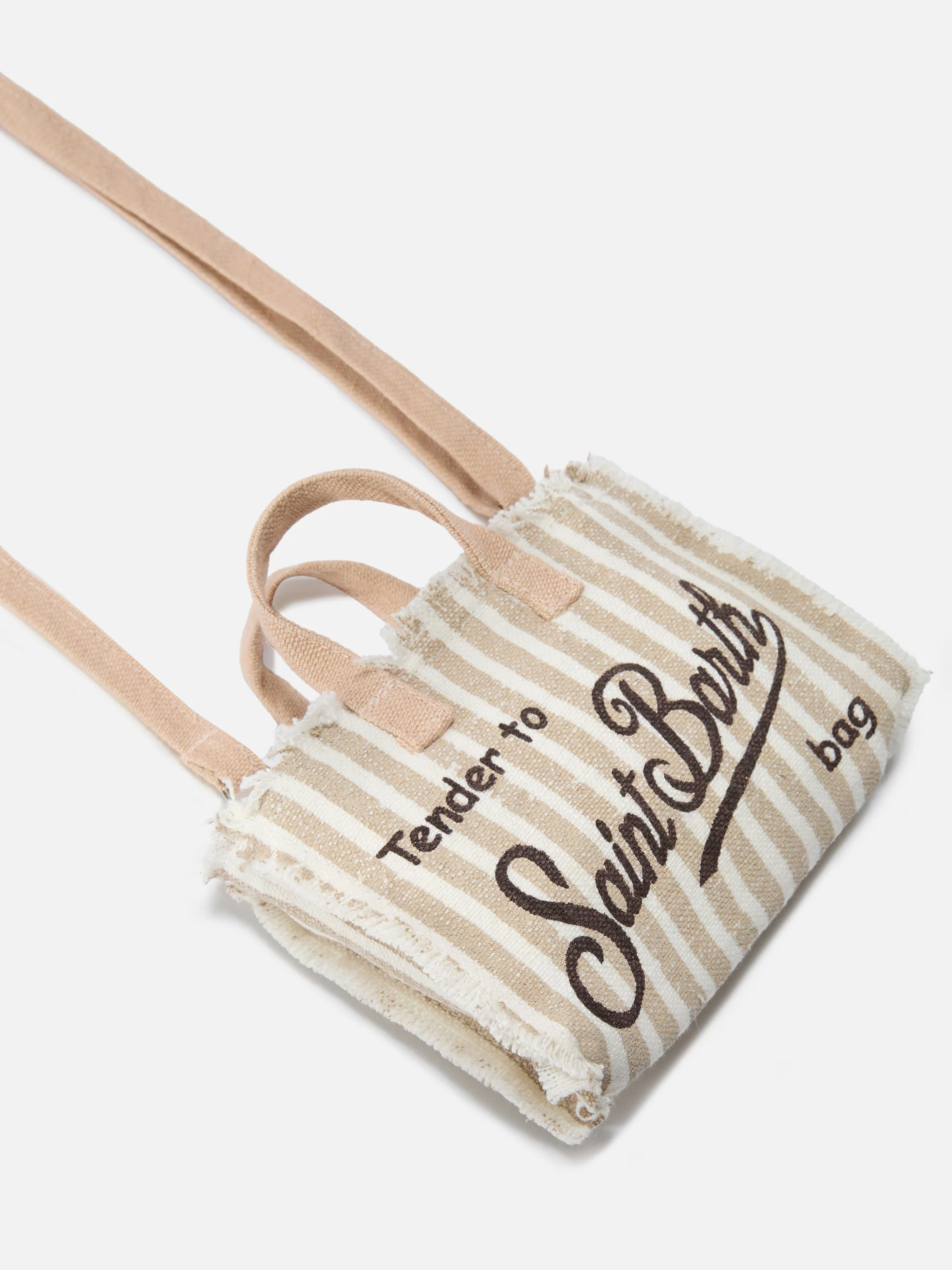 micro Phone linen bag with beige and white stripes and contrasting logo - Image 2