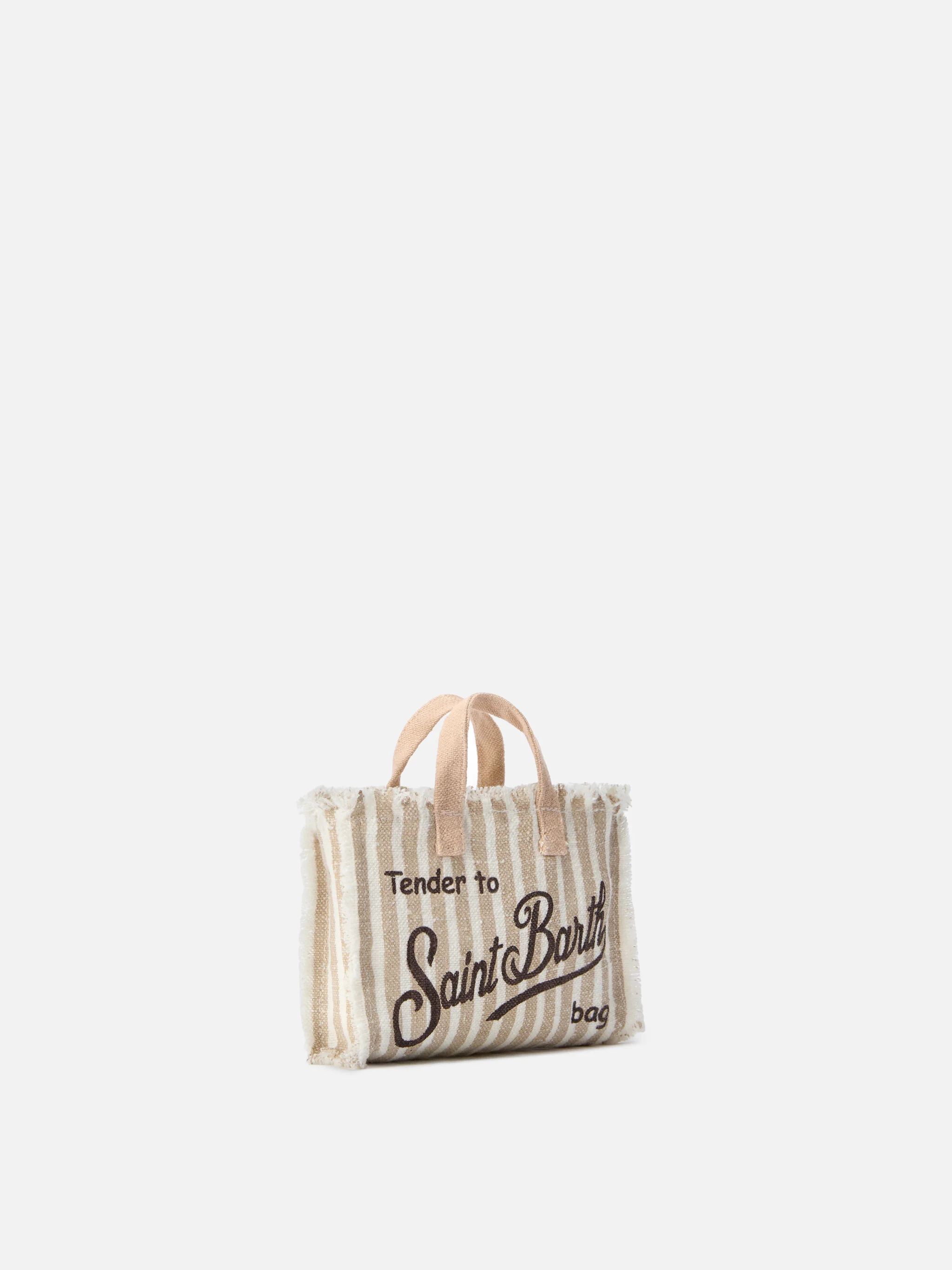 micro Phone linen bag with beige and white stripes and contrasting logo - Image 3