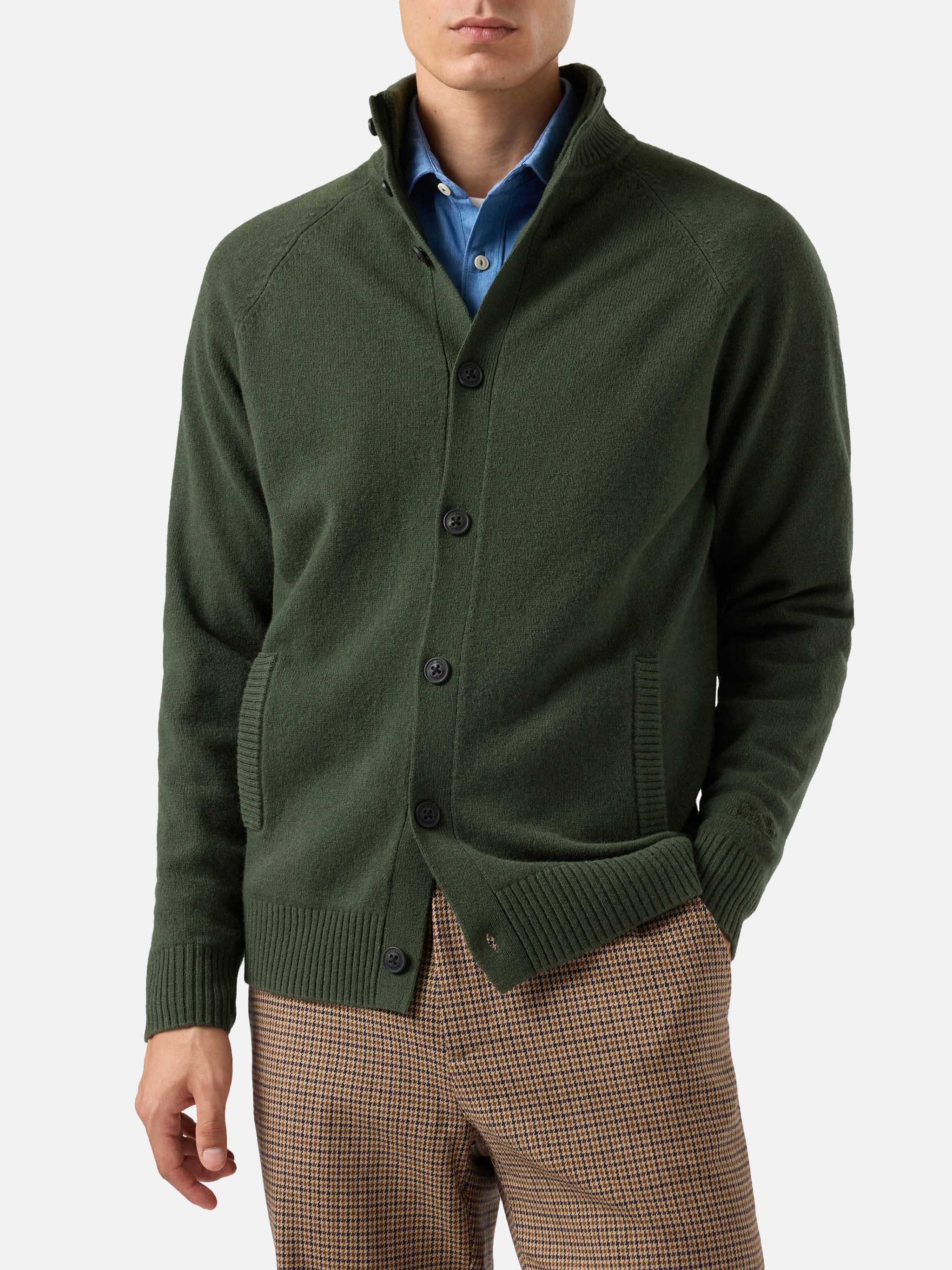 Military green cardigan Galway in 100% lambswool