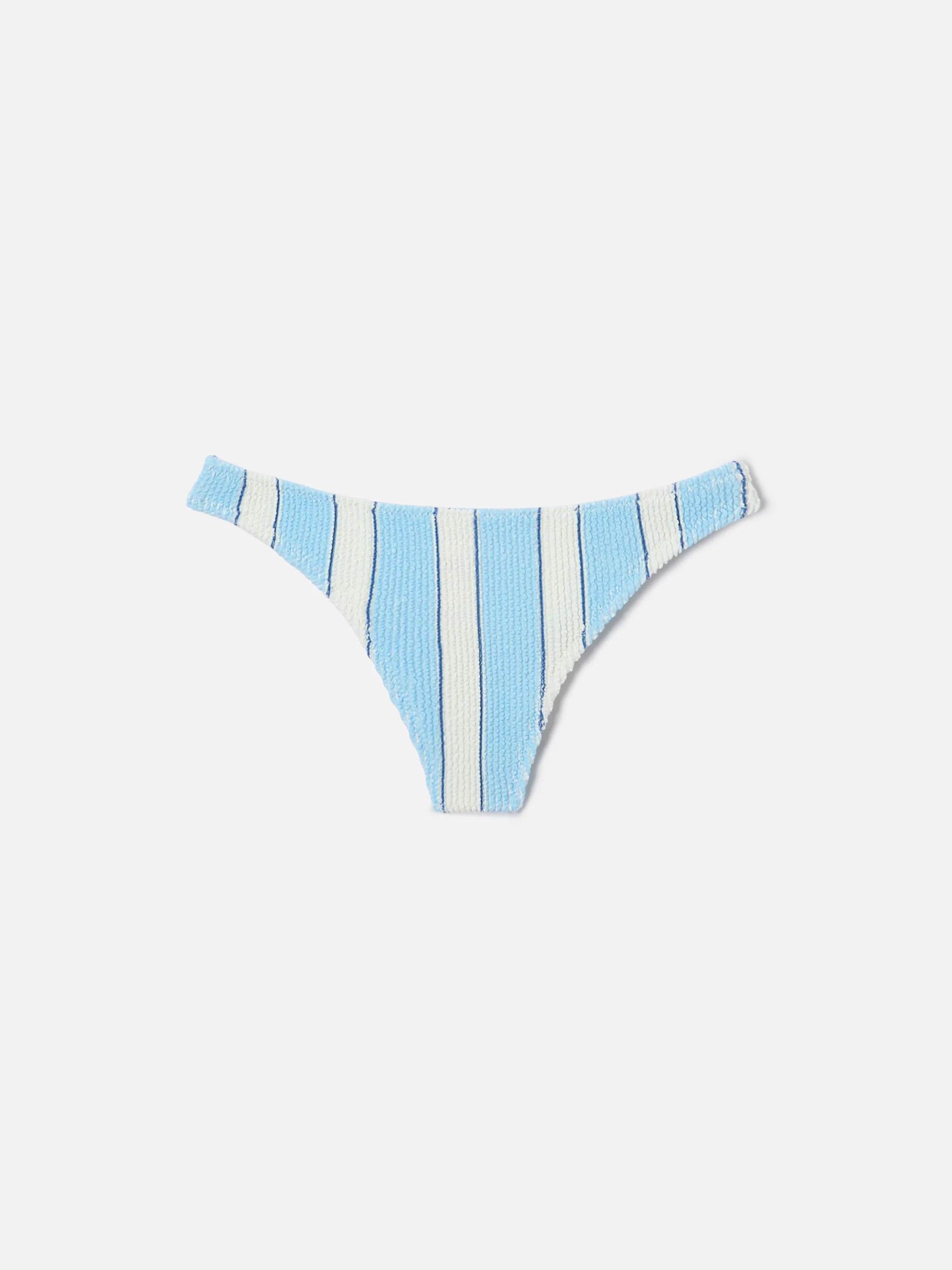 Naomi brazilian bikini bottoms in light blue and white striped crinkle fabric