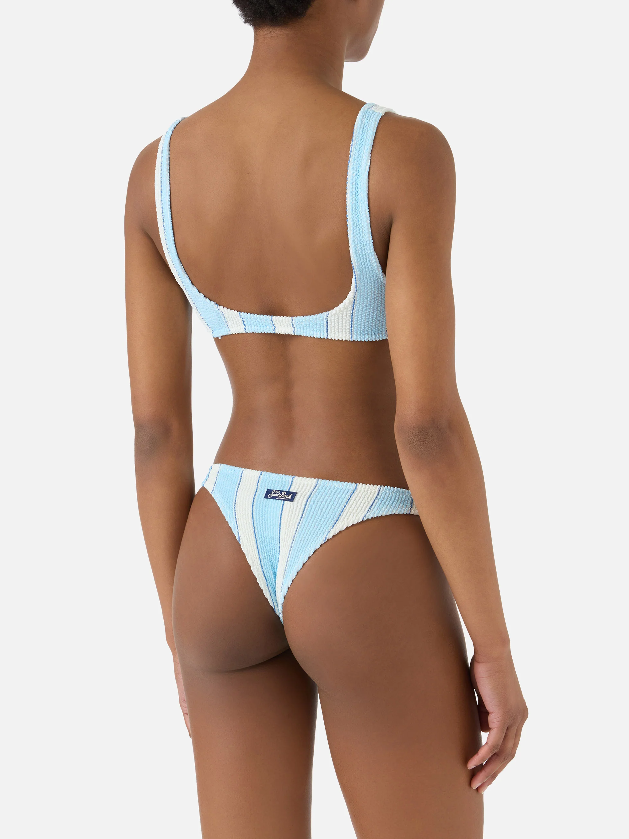 Naomi brazilian bikini bottoms in light blue and white striped crinkle fabric - Image 2