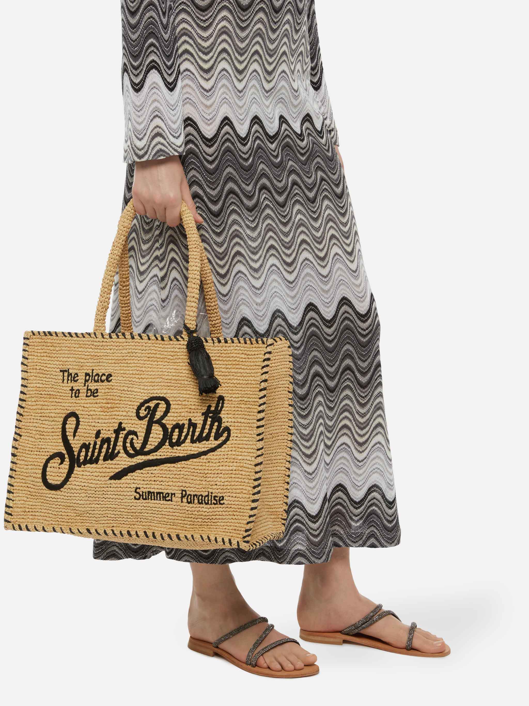 Natural beige Vanity Raffia shoulder bag with black trim - Image 2