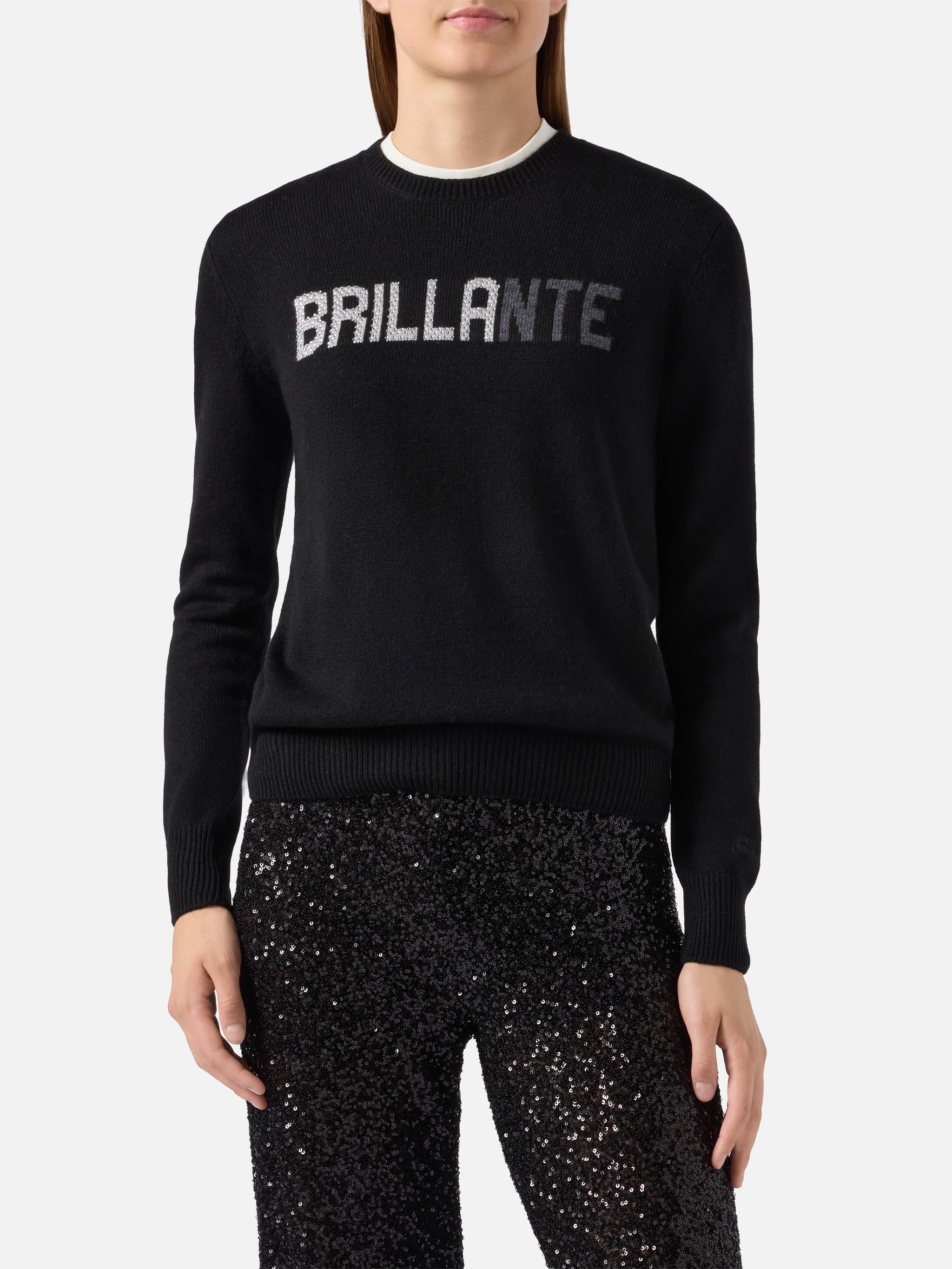 New Queen cashmere-blend sweater in black with Brillante rhinestone appliqué