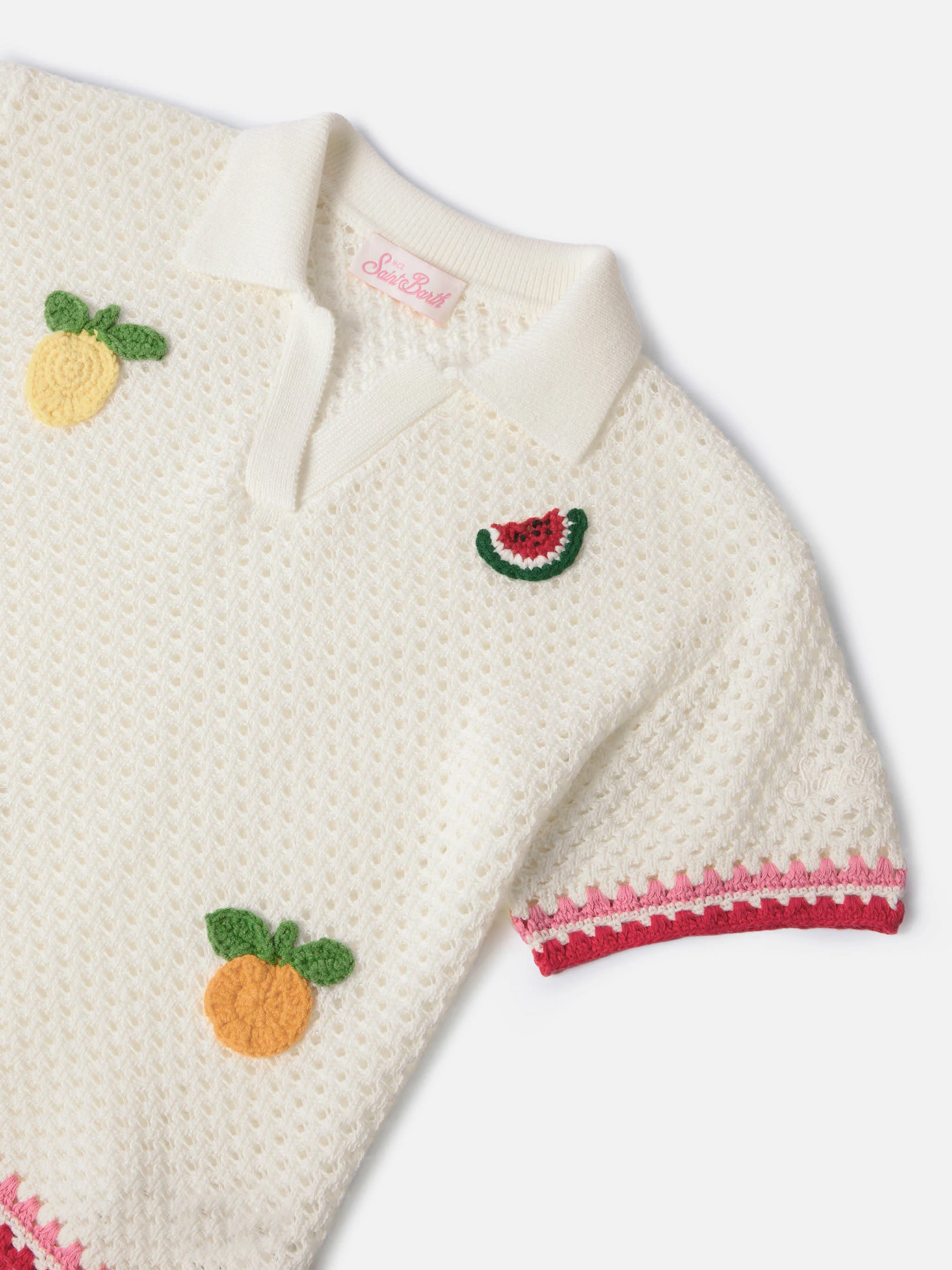Pixie Jr Polo in white cotton blend with embroidered patches - Image 3