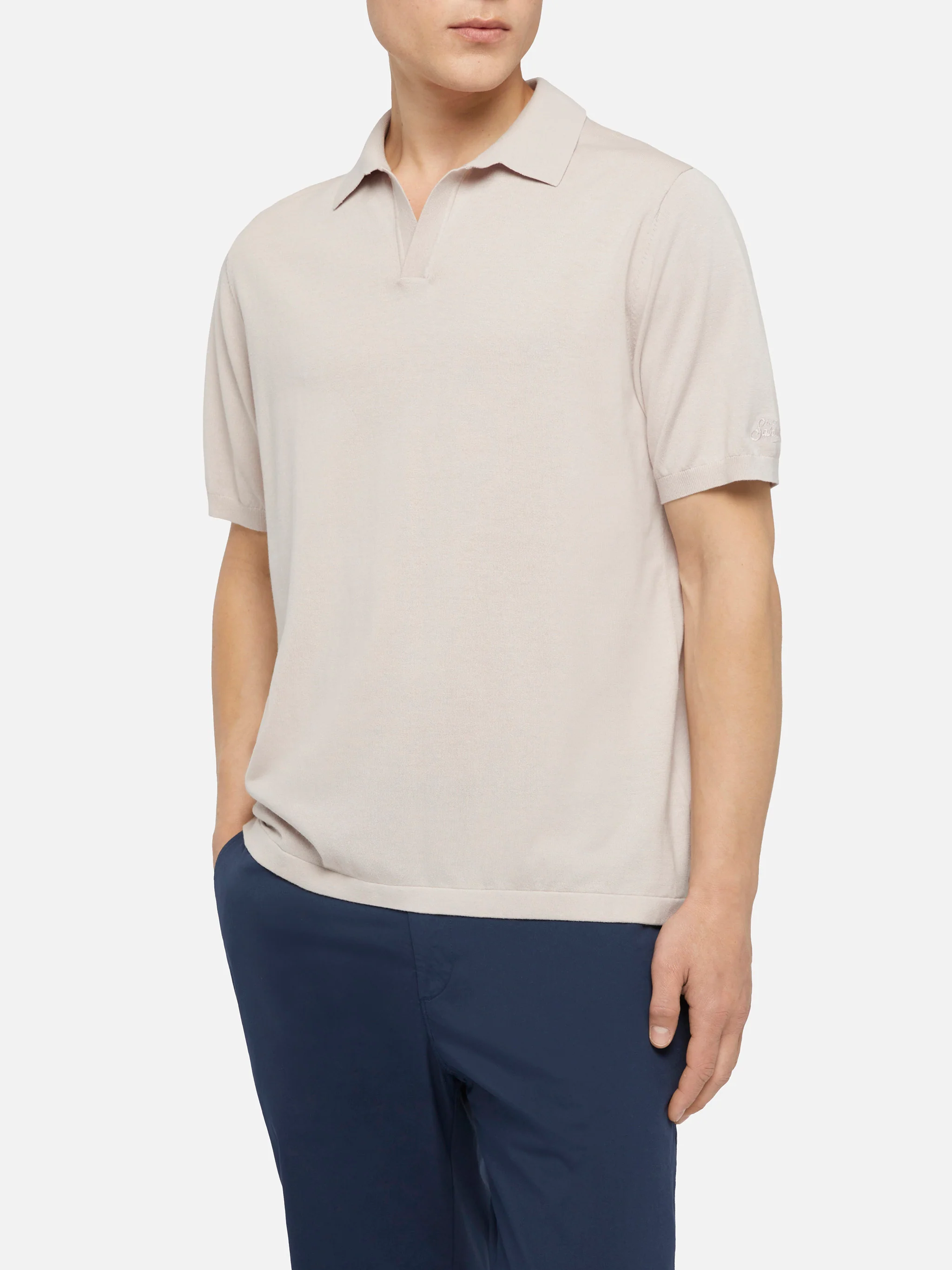 Sloan stone grey buttonless knitted polo shirt
