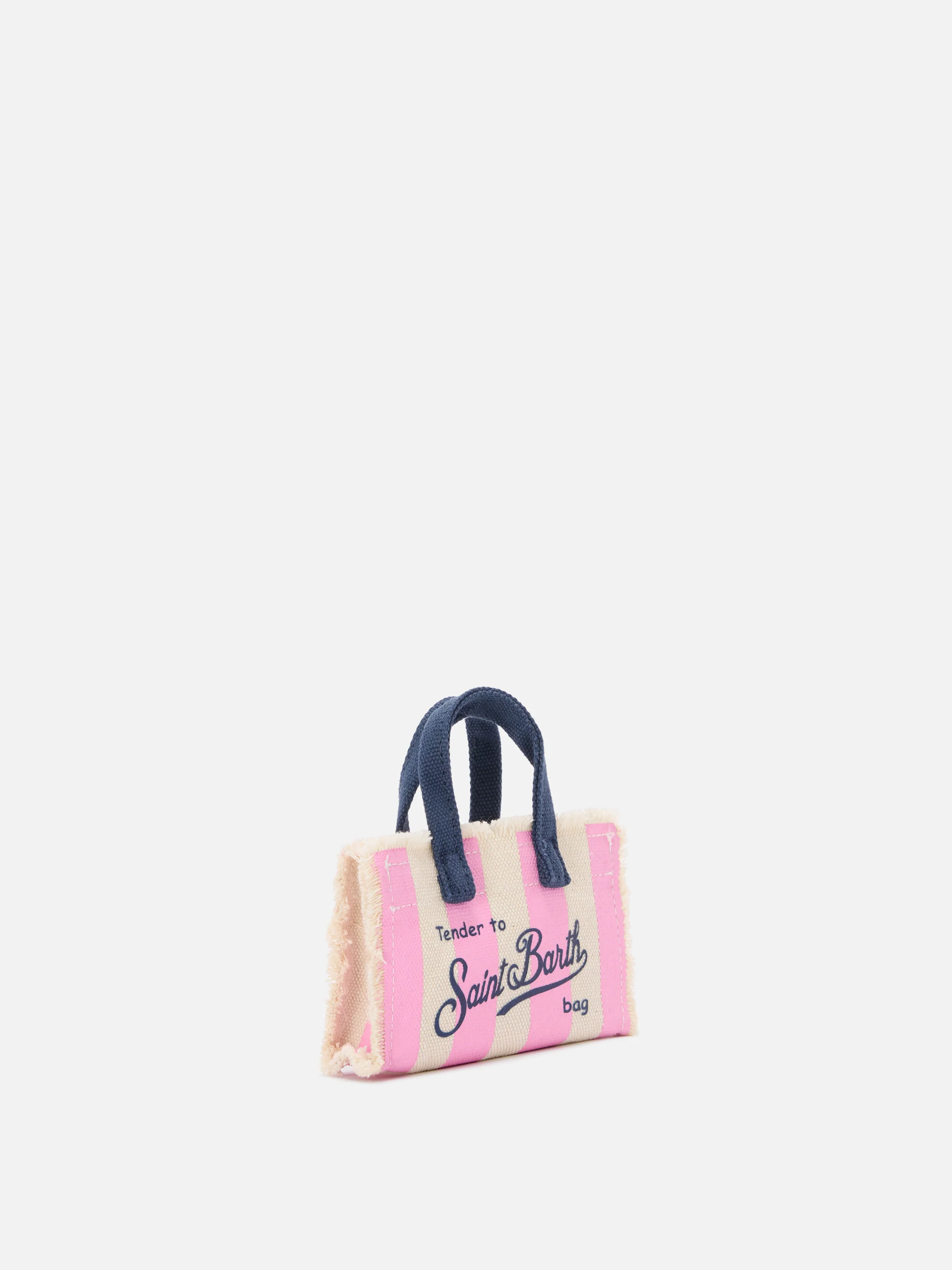 Striped fabric mini bag–shaped keychain with embroidered logo - Image 2