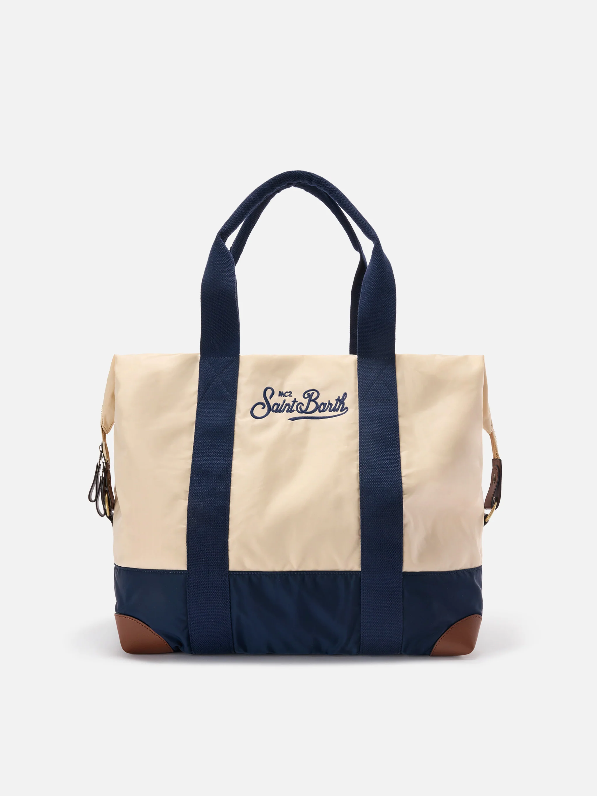Travel Bag cream and blue nylon weekender with embroidered logo