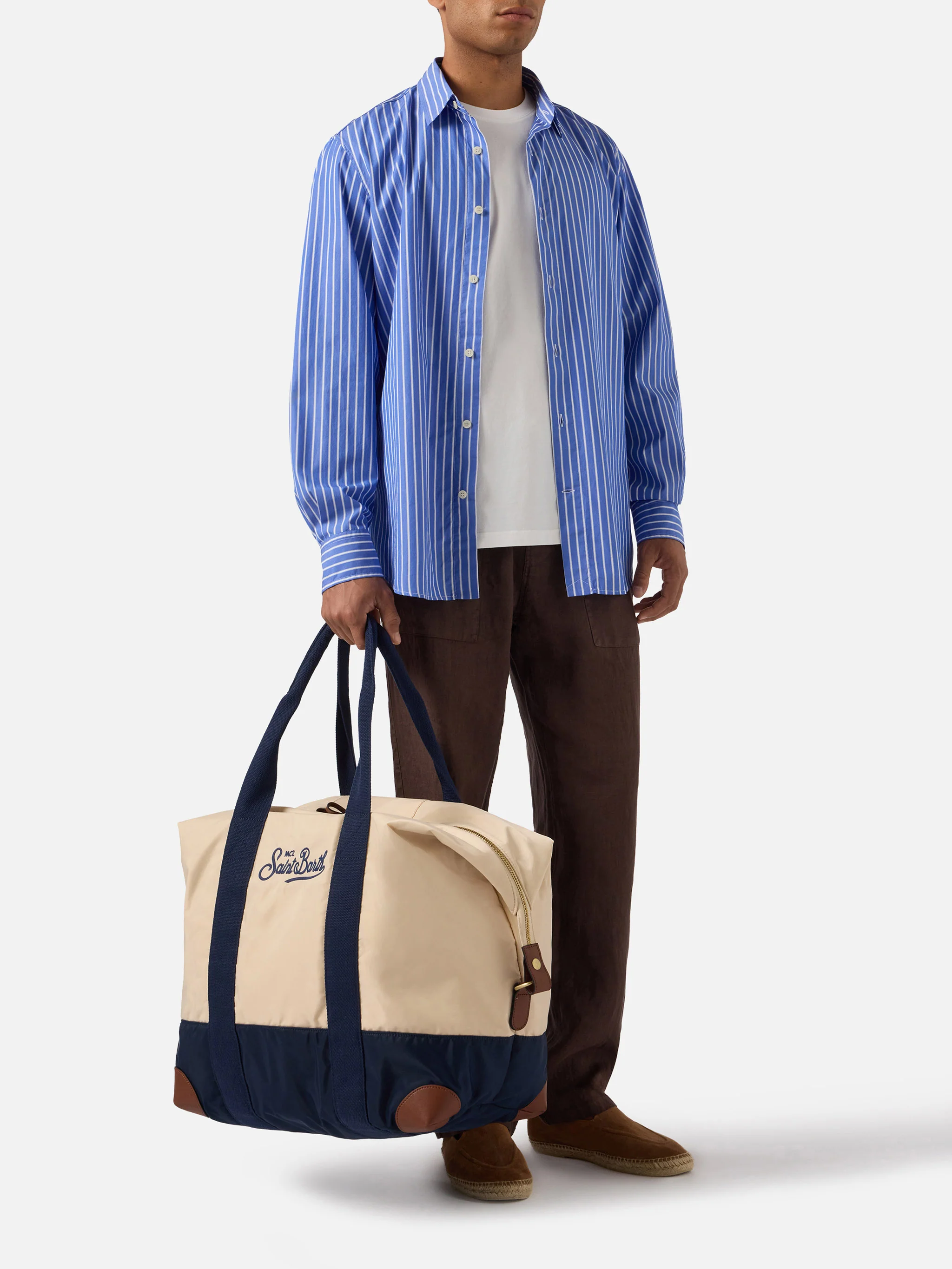 Travel Bag cream and blue nylon weekender with embroidered logo - Image 2