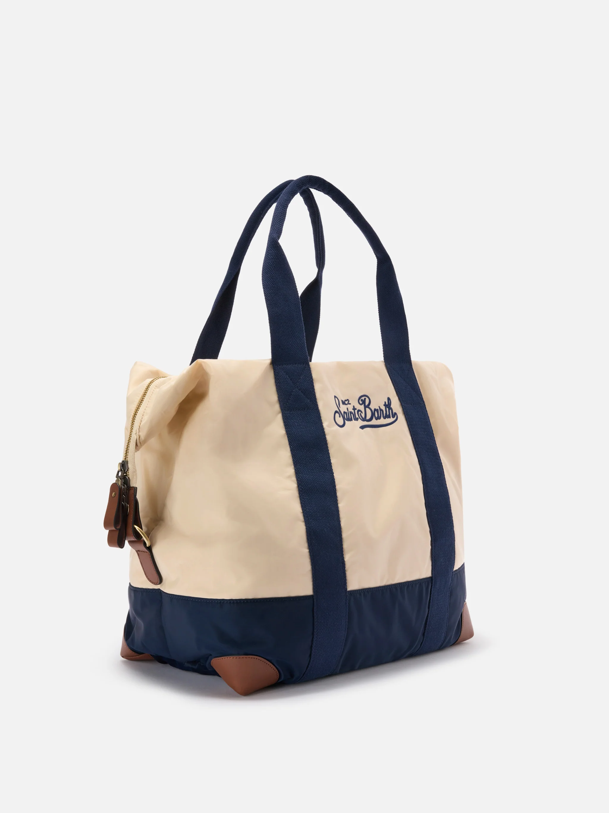 Travel Bag cream and blue nylon weekender with embroidered logo - Image 3