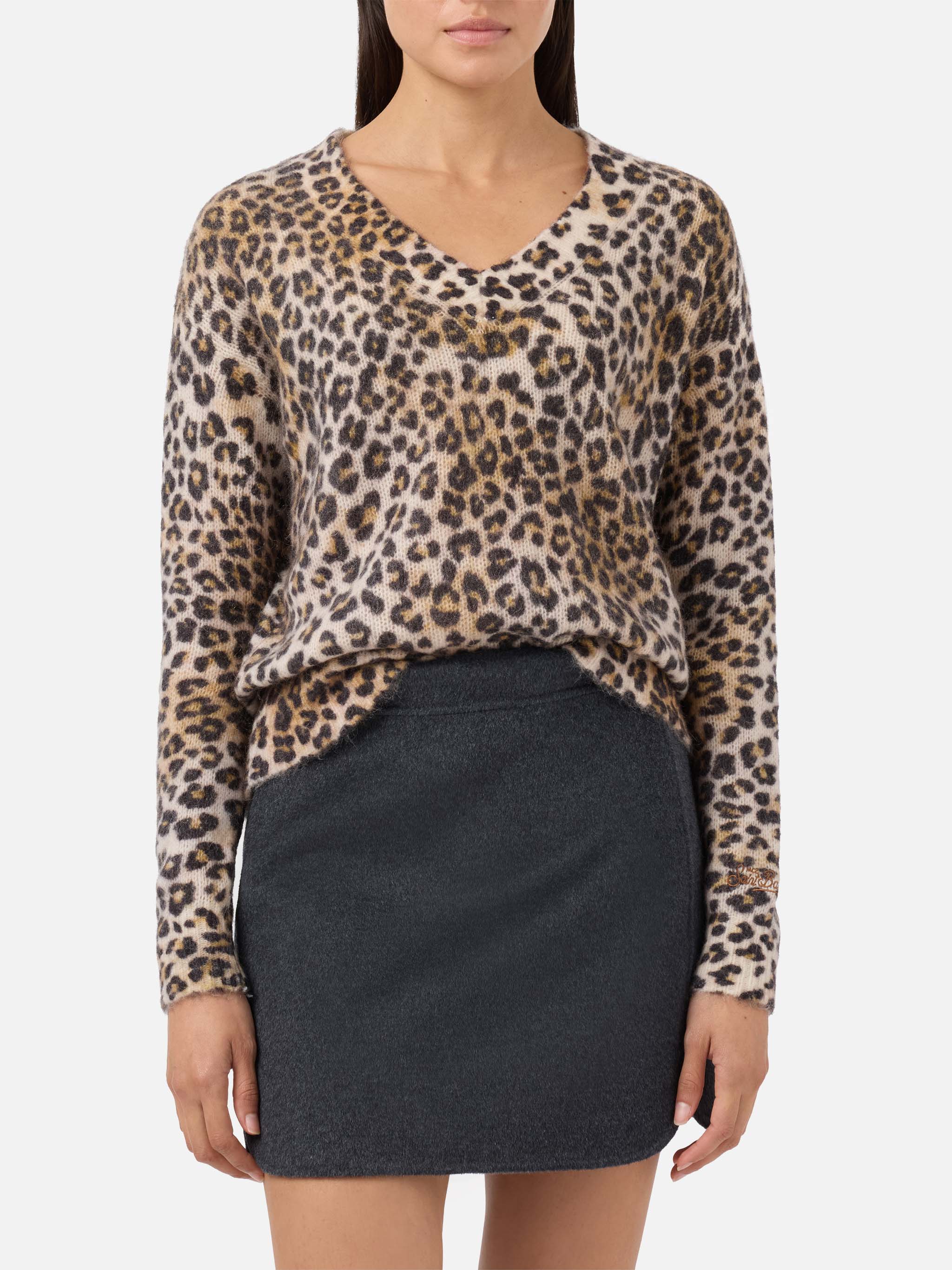 V-neck sweater in camel mohair blend with leopard print